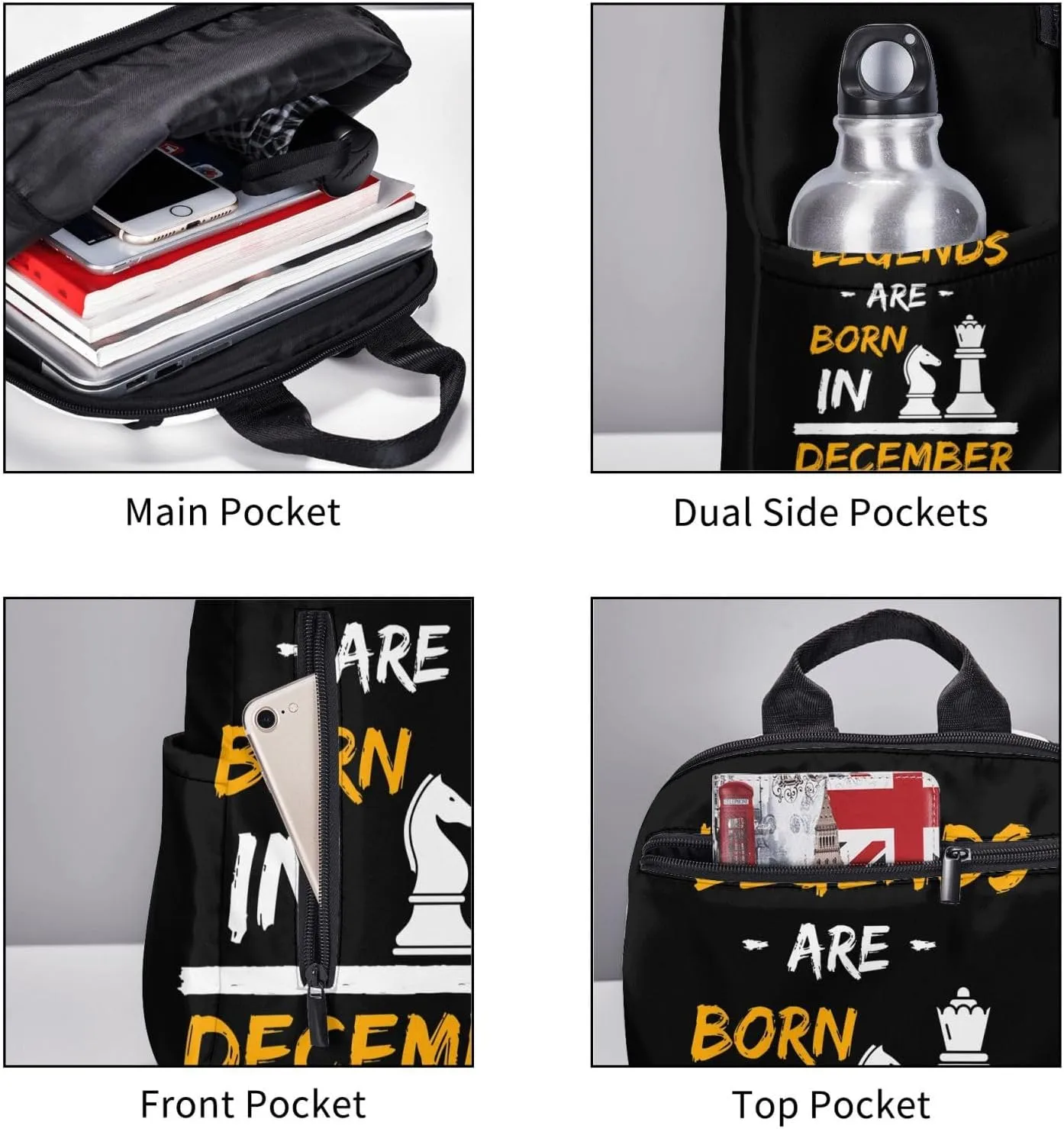 Legends Are Born In December Chess Casual Backpacks Large Capacity Laptop Backpack Sports Rucksack Travel Daypack Adjustable Shoulder Strap Work Bag for Outdoor Camping