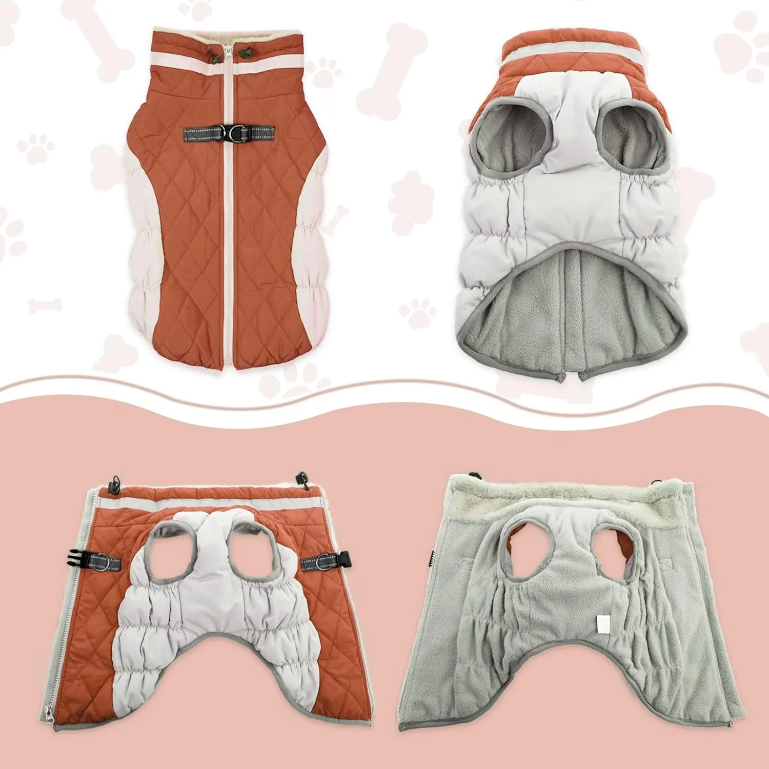 Lelepet Dog Coat with Harness Built in - Medium, Waterproof, Windproof, Reflective, Fleece Vest with Turtleneck & Zipper - Coats for Large Dogs in Cold Weather, Brown, M