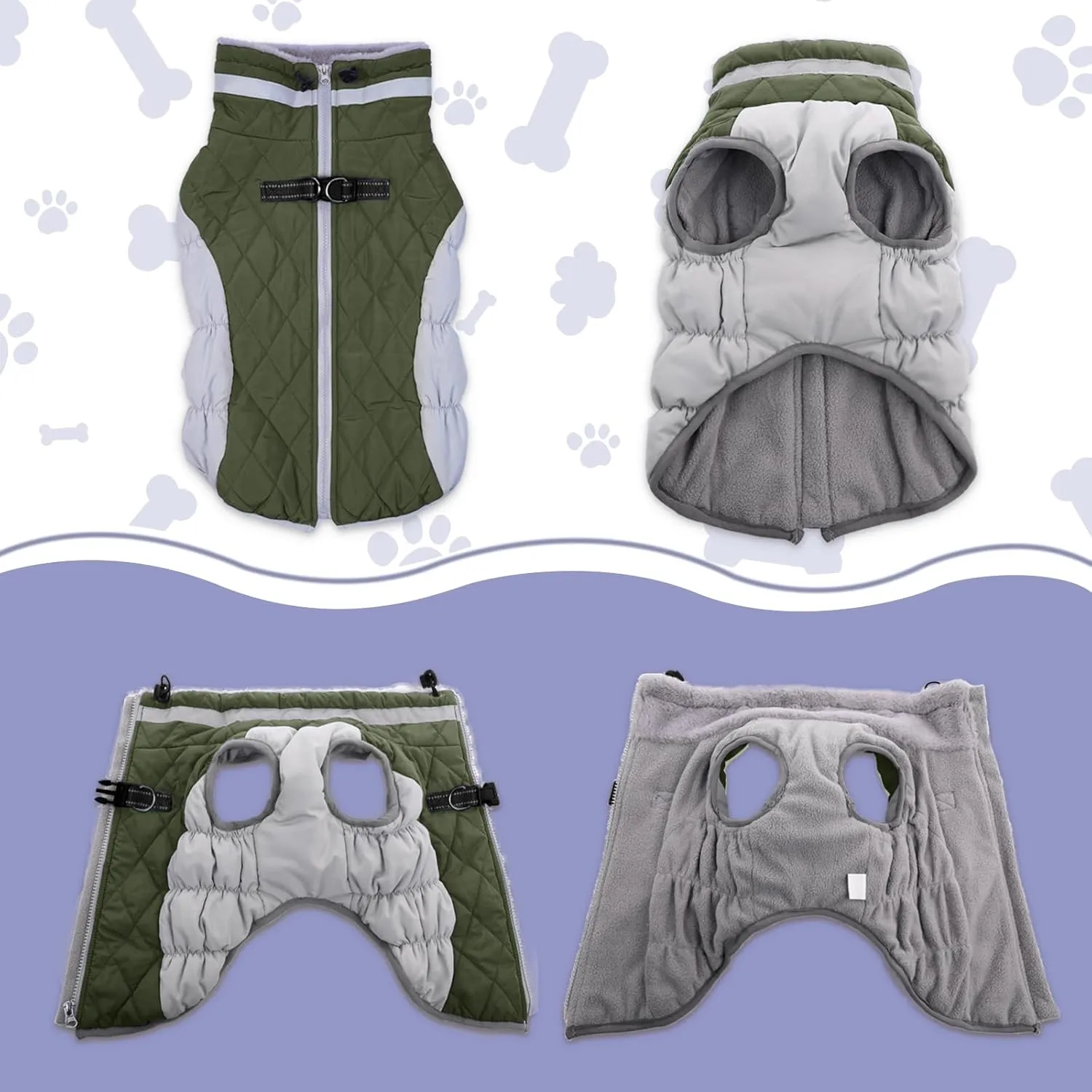 Lelepet Dog Coat with Harness Waterproof Dog Jacket, Reflective & Adjustable Turtleneck Neckline, Warm Fleece Vest for Winter, Coats for Medium Dogs, Army Green, M, Boston Terrier