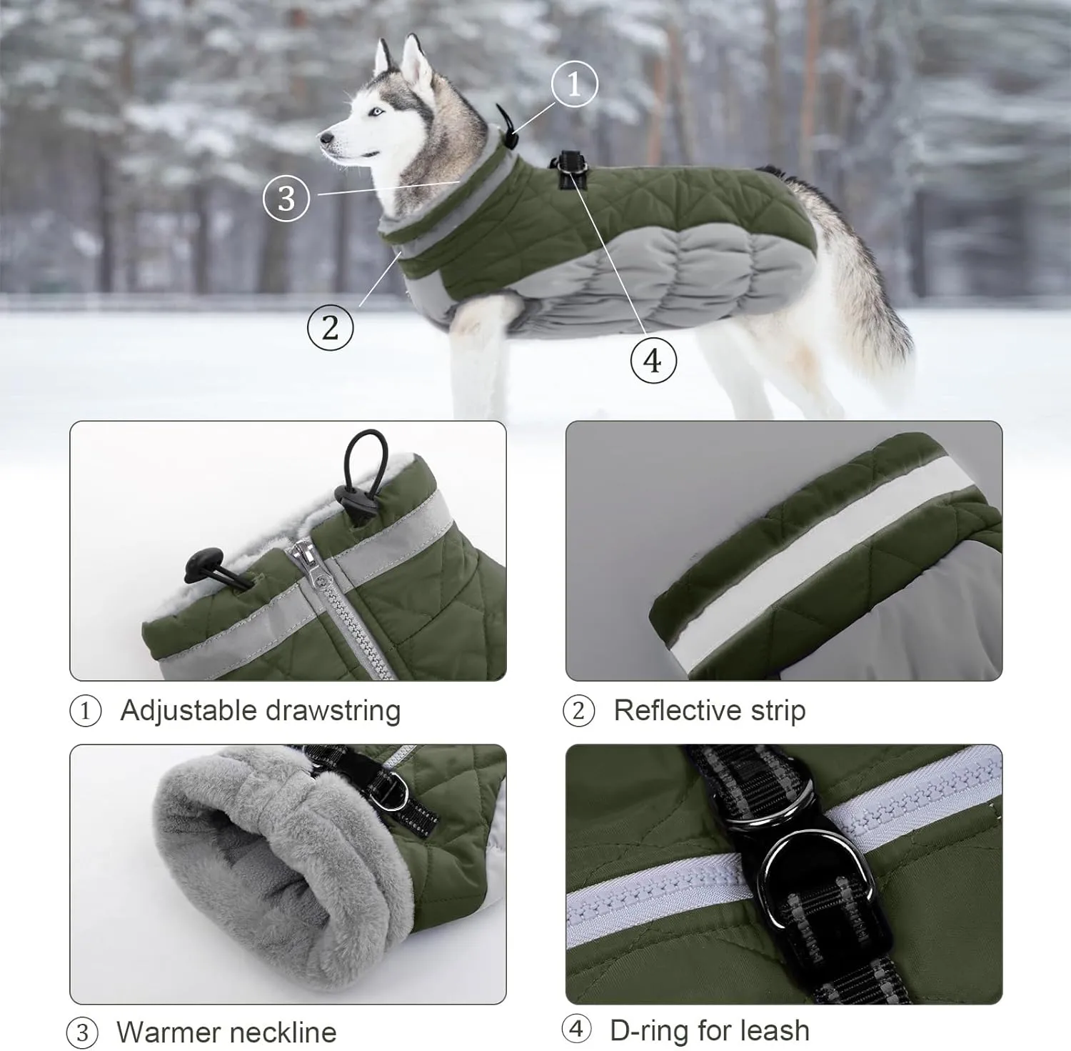Lelepet Dog Coat with Harness Waterproof Dog Jacket, Reflective & Adjustable Turtleneck Neckline, Warm Fleece Vest for Winter, Coats for Medium Dogs, Army Green, M, Boston Terrier