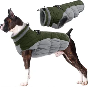 Lelepet Dog Coat with Harness Waterproof Dog Jacket, Reflective & Adjustable Turtleneck Neckline, Warm Fleece Vest for Winter, Coats for Medium Dogs, Army Green, M, Boston Terrier