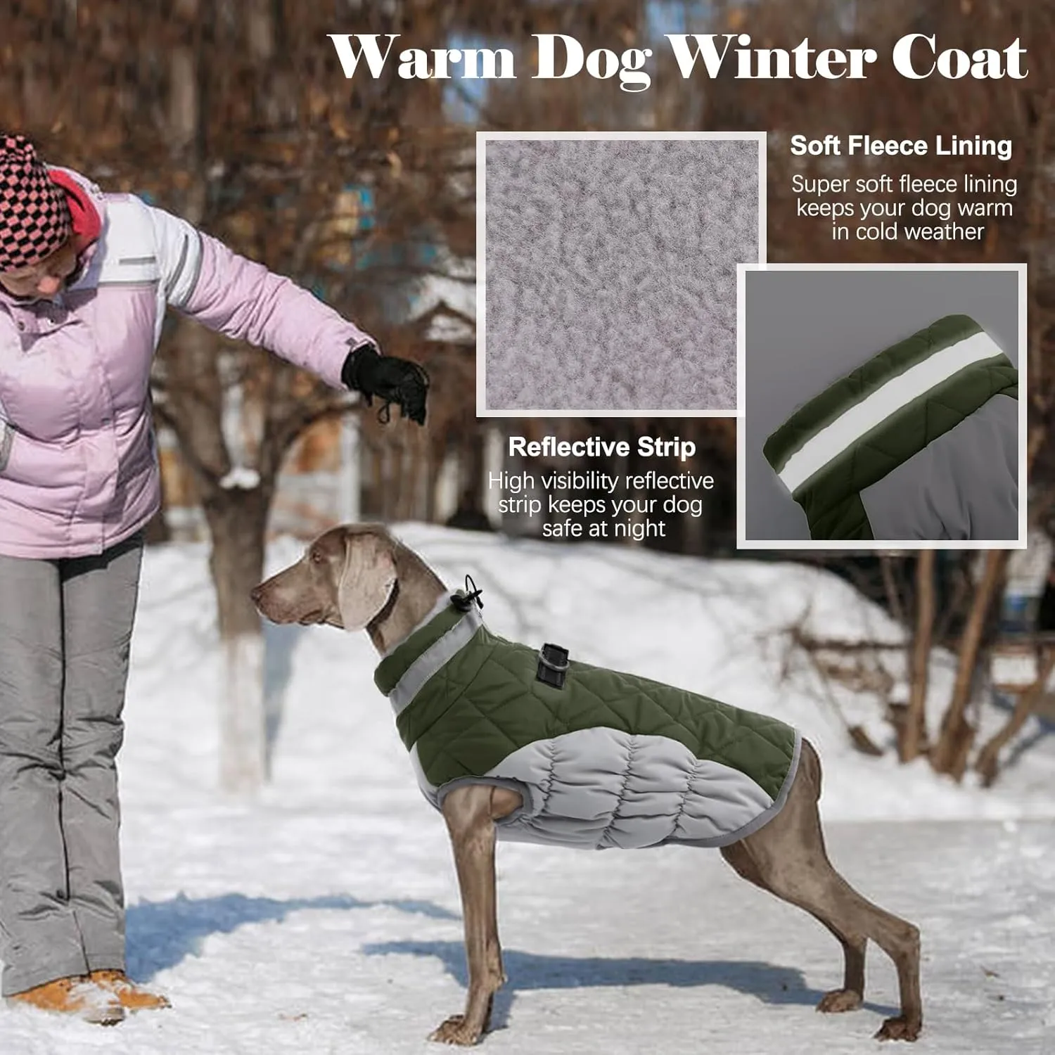Lelepet Dog Coat with Harness Waterproof Dog Jacket, Reflective & Adjustable Turtleneck Neckline, Warm Fleece Vest for Winter, Coats for Medium Dogs, Army Green, M, Boston Terrier