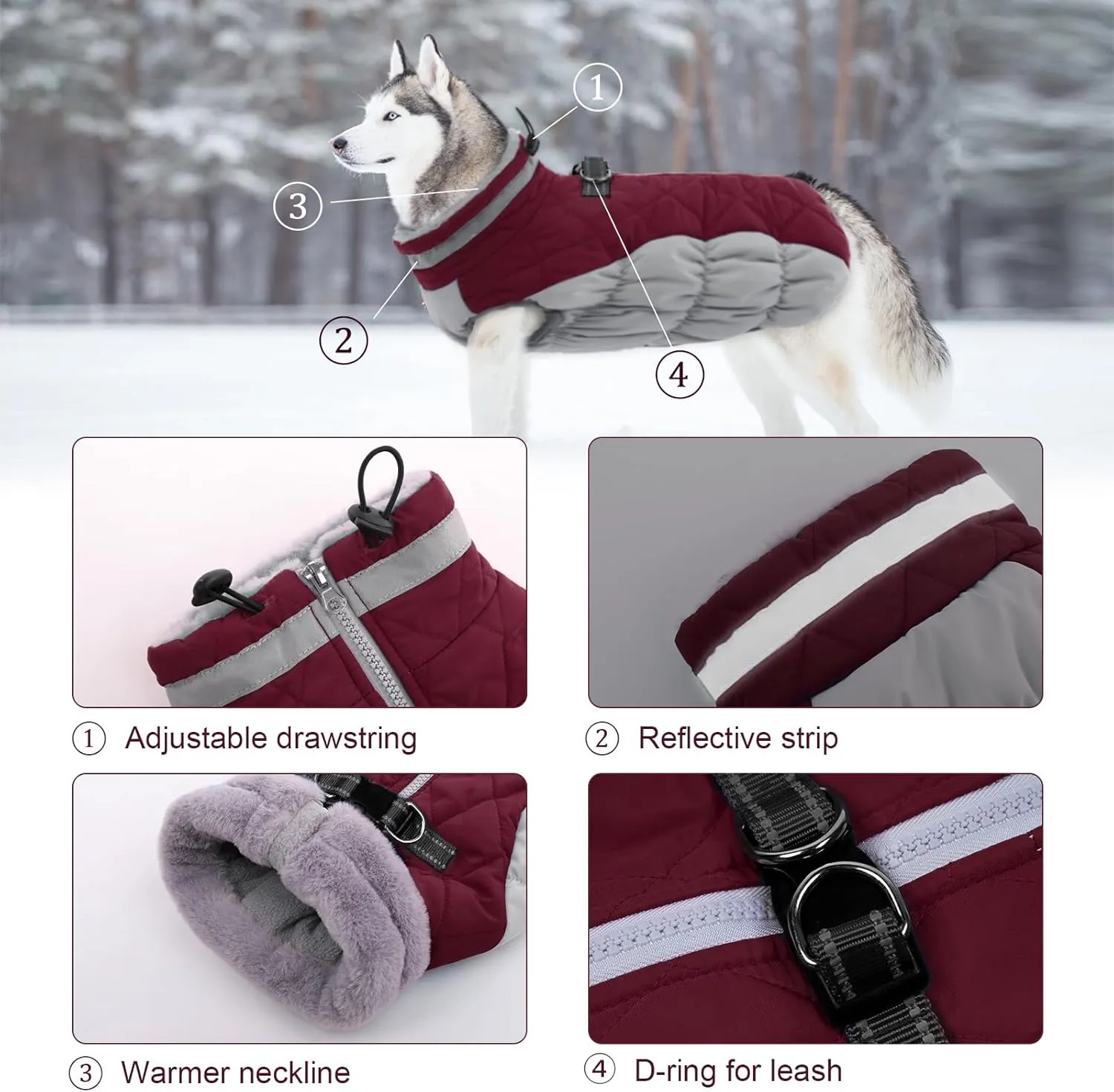 Lelepet Warm Winter Dog Coat - S, Waterproof, Padded, Windproof, Reflective, Fleece Jacket with Harness for Small Dogs, Wine Red