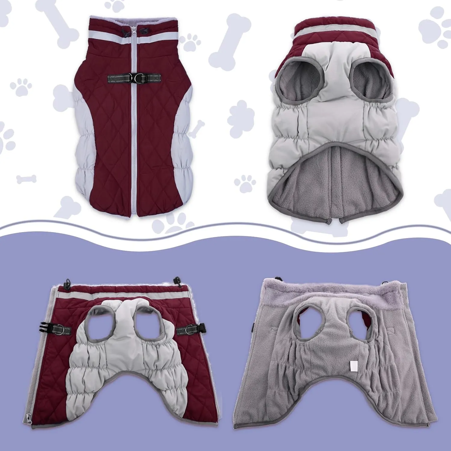 Lelepet Warm Winter Dog Coat - S, Waterproof, Padded, Windproof, Reflective, Fleece Jacket with Harness for Small Dogs, Wine Red