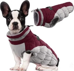 Lelepet Warm Winter Dog Coat - S, Waterproof, Padded, Windproof, Reflective, Fleece Jacket with Harness for Small Dogs, Wine Red