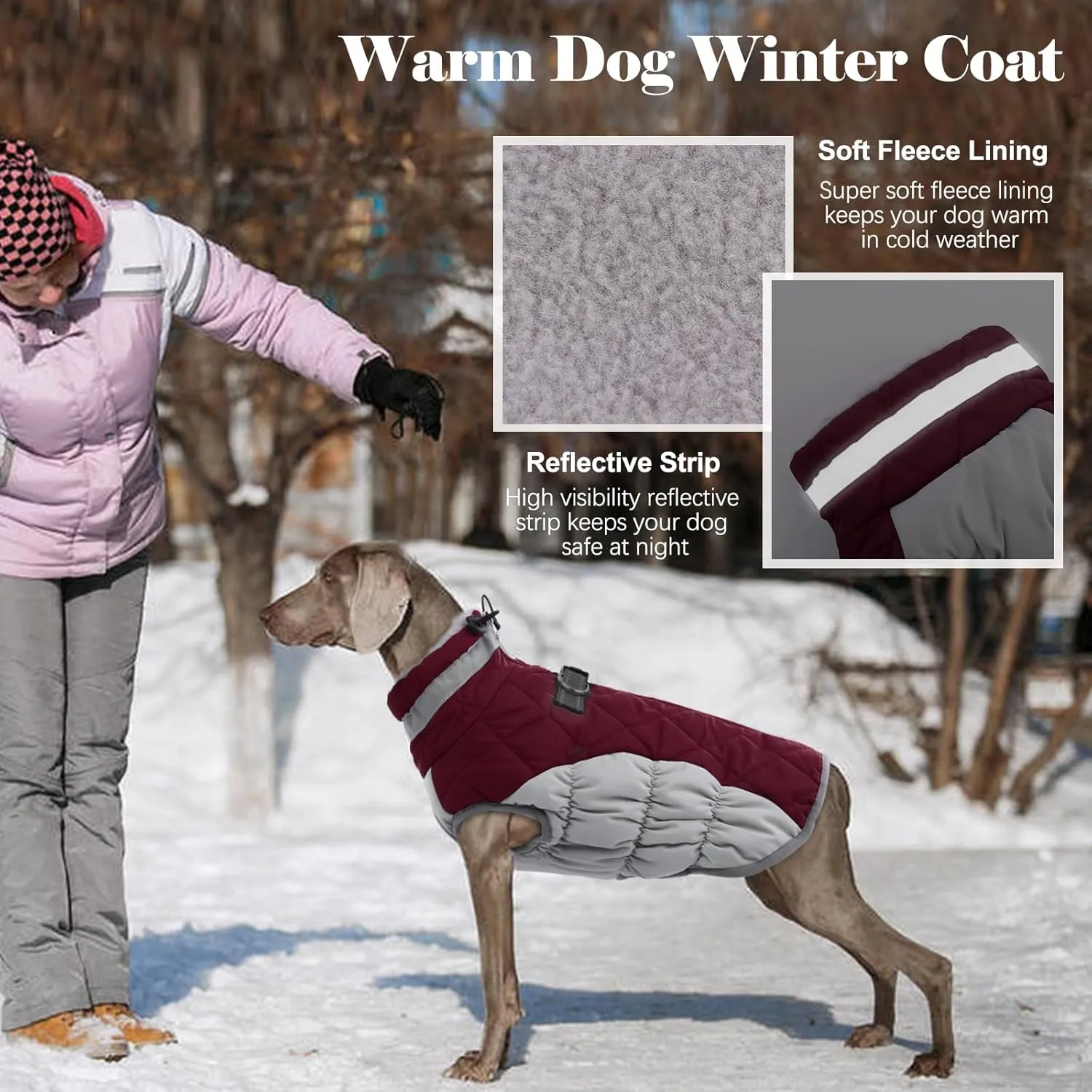 Lelepet Warm Winter Dog Coat - S, Waterproof, Padded, Windproof, Reflective, Fleece Jacket with Harness for Small Dogs, Wine Red