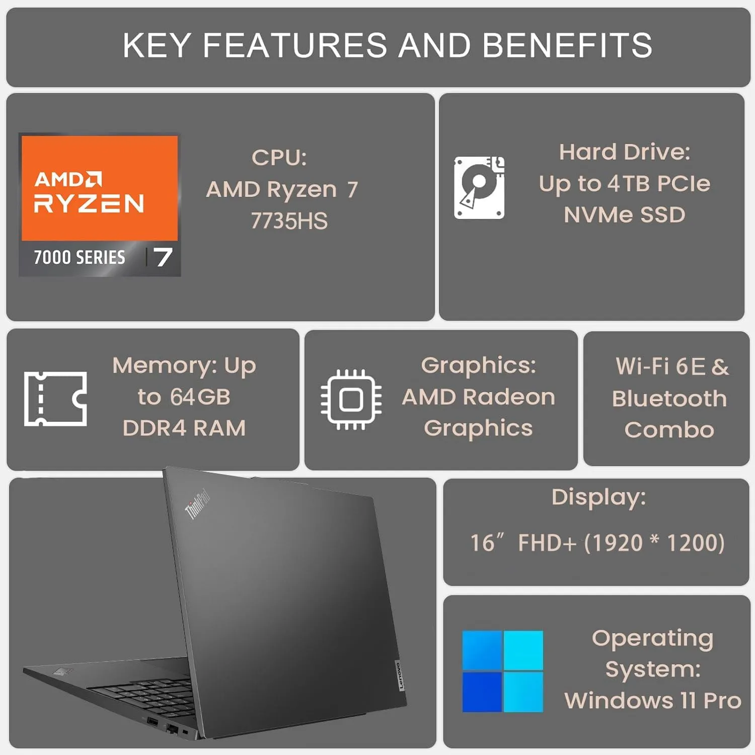 Lenovo ThinkPad E16 G2 16" FHD  Business Laptop Computer, AMD 8-Core Ryzen 7 7735HS (Beat i7-1355U), 32GB DDR5 RAM, 1TB PCIe SSD, WiFi 6E, Backlit Keyboard, Fingerprint Reader, Windows 11 Pro, AZ-XUT