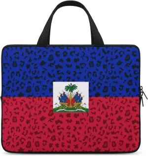 Leopard Print Haiti Flag Laptop Bag Laptop Case Computer Messenger Bag with Adjustable Shoulder Strap