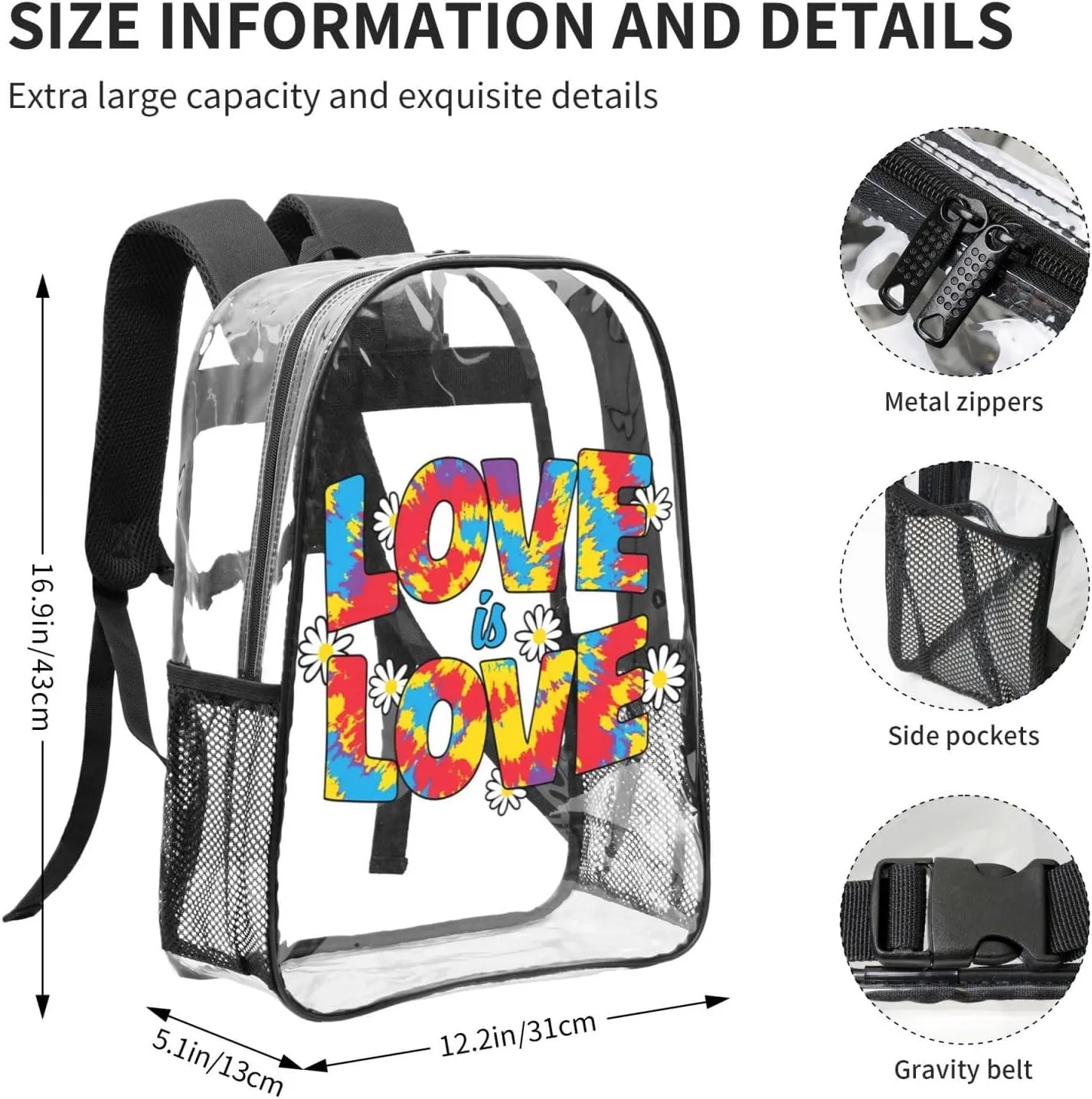 LGBT Pride Rainbow Gay Love Is Love Colorful 16 Inch Clear PVC Backpacks Transparent Backpack Multipurpose Double Shoulder Bag for Men Women Gifts