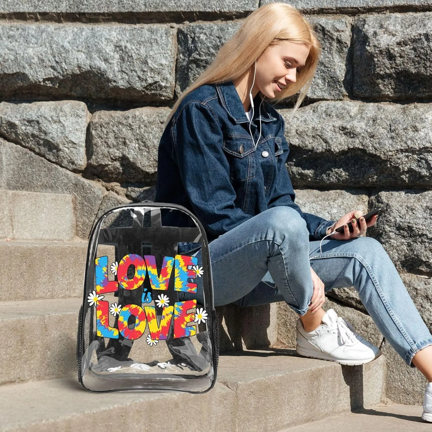 LGBT Pride Rainbow Gay Love Is Love Colorful 16 Inch Clear PVC Backpacks Transparent Backpack Multipurpose Double Shoulder Bag for Men Women Gifts