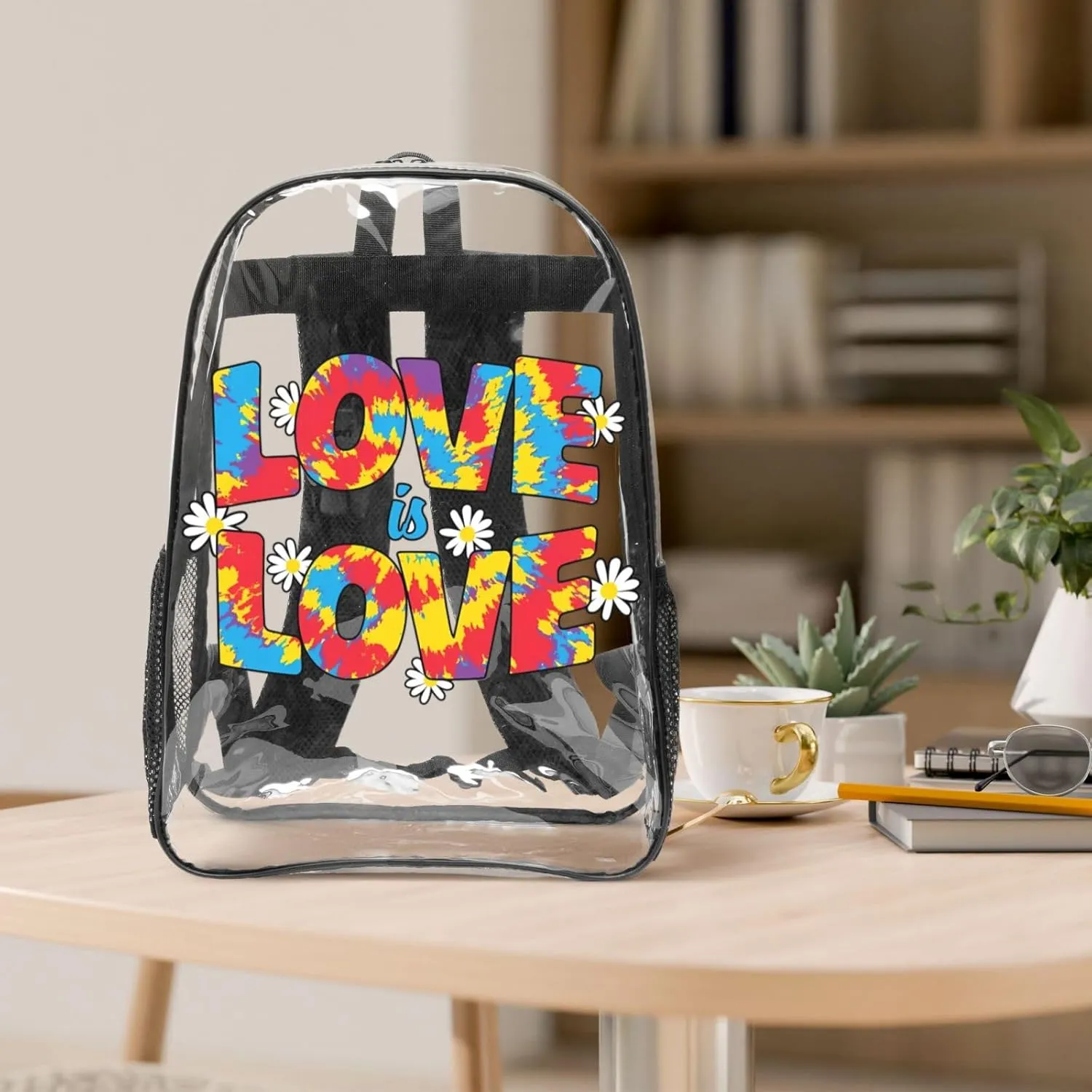 LGBT Pride Rainbow Gay Love Is Love Colorful 16 Inch Clear PVC Backpacks Transparent Backpack Multipurpose Double Shoulder Bag for Men Women Gifts