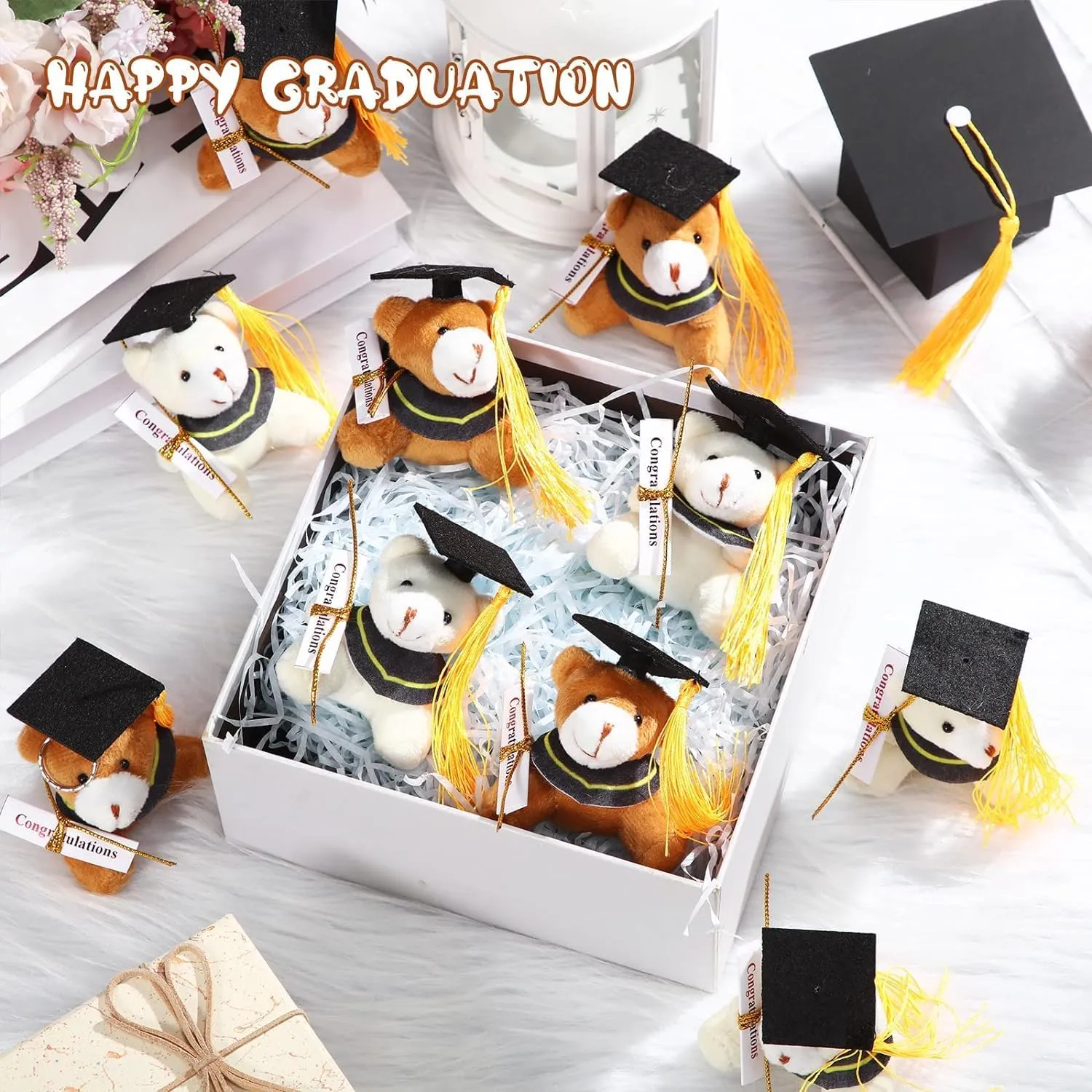 Libima 32 Pcs Mini Graduation Bear Bulk Graduation Teddies Bear Class of 2025 Mixed Color 2.76 Inch Tiny Graduation Bear Plush Kindergarten Graduation Gifts(Black Cap)