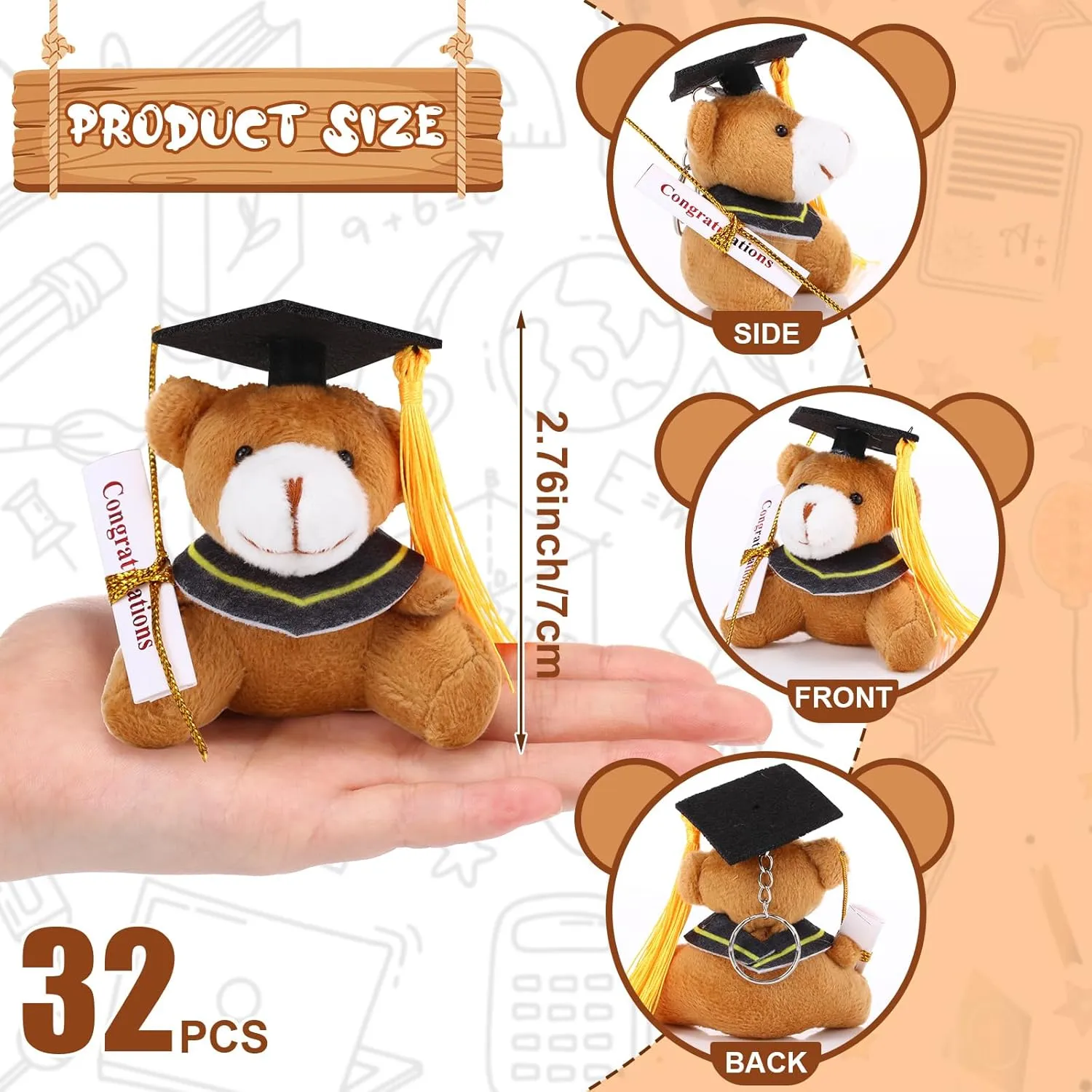 Libima 32 Pcs Mini Graduation Bear Bulk Graduation Teddies Bear Class of 2025 Mixed Color 2.76 Inch Tiny Graduation Bear Plush Kindergarten Graduation Gifts(Black Cap)