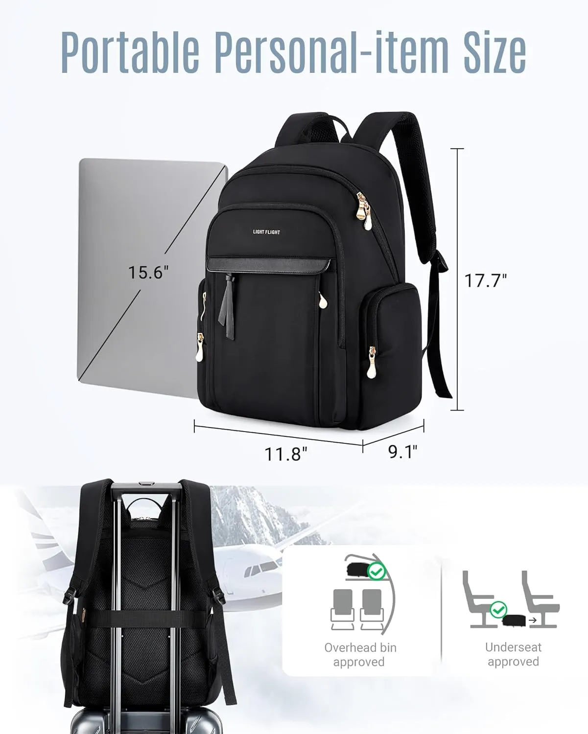 LIGHT FLIGHT Laptop Backpack for Women, 15.6 Inch Work Bag Business Backpack with laptop compartment, Water Resistant Travel Bags Casual Daypacks for College, Large Capacity Backpacks for Travel-Black