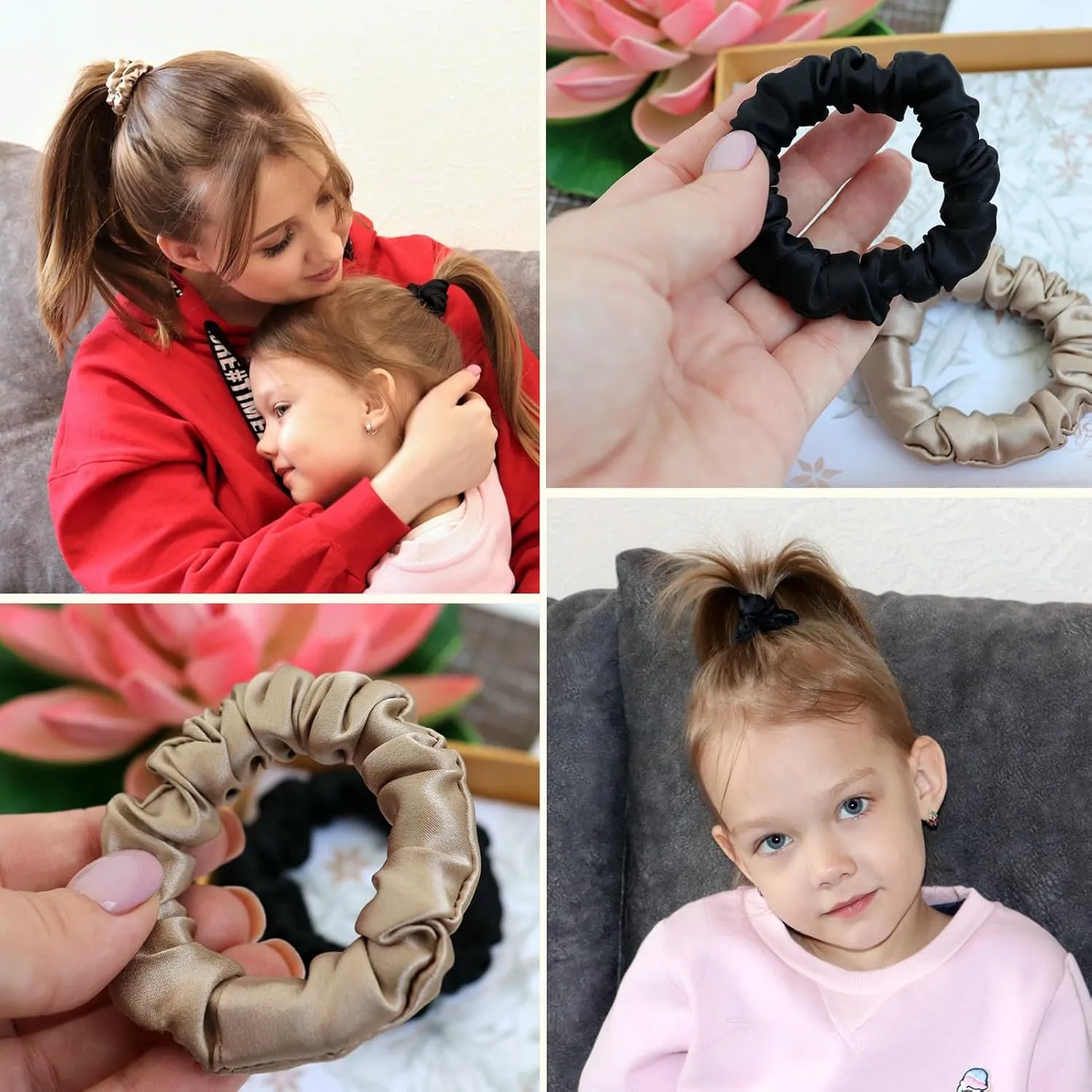 LILYSILK 9 Pack 100 Real Mulberry Silk Scrunchies Black for Women Mini- Colorful Hair Bow Ties- Girls- Unique Bobble Elastics Hair Scrunchy- Soft Cute