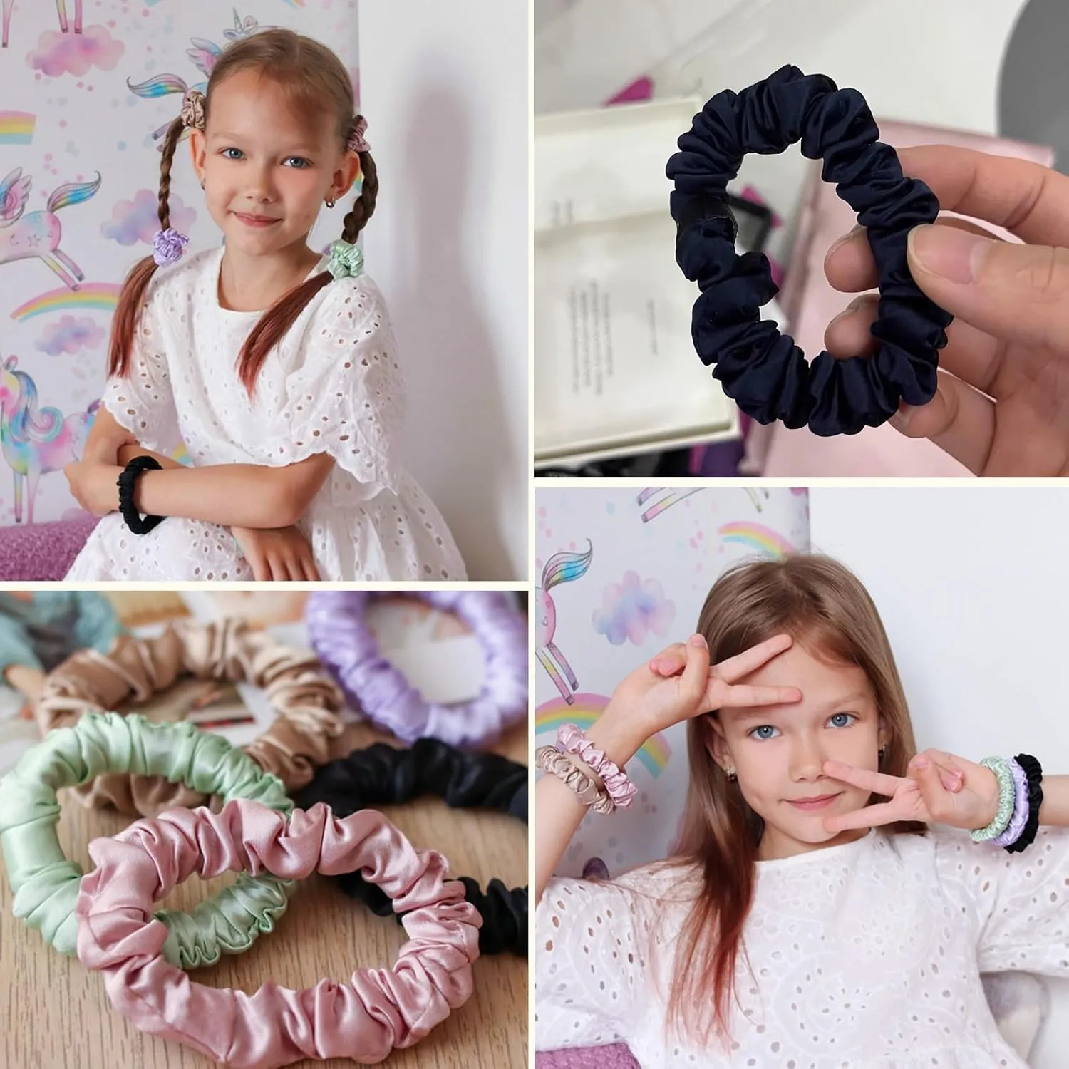 LILYSILK 9 Pack 100 Real Mulberry Silk Scrunchies Black for Women Mini- Colorful Hair Bow Ties- Girls- Unique Bobble Elastics Hair Scrunchy- Soft Cute