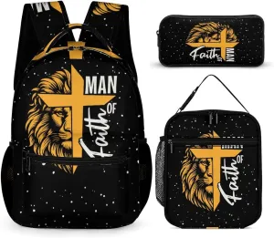 Lion Backpack with Lunch Box & Pencil Case, 16 Inch Cute Lions Themed Bookbag, Adjustable Lightweight Large Capacity, Colorful Daily Casual Backpacks Set with Lunch Bag
