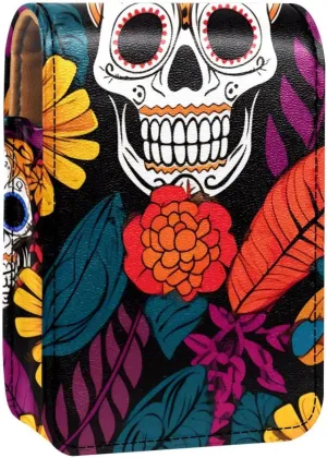 Lipstick Case,Leather Lip Gloss Lipstick Organizer with Mirror,Mini Lipstick Holder Bag,Art Skull Colorful Pattern