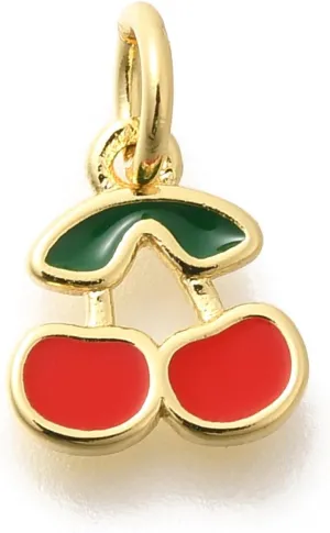 LiQunSweet 10 pcs Mini Cherry with Leaf Charms Cute Fruit Brass Enamel Charms for DIY Jewelry Bracelet Necklace Earring Crafts Bag Keychain Decor