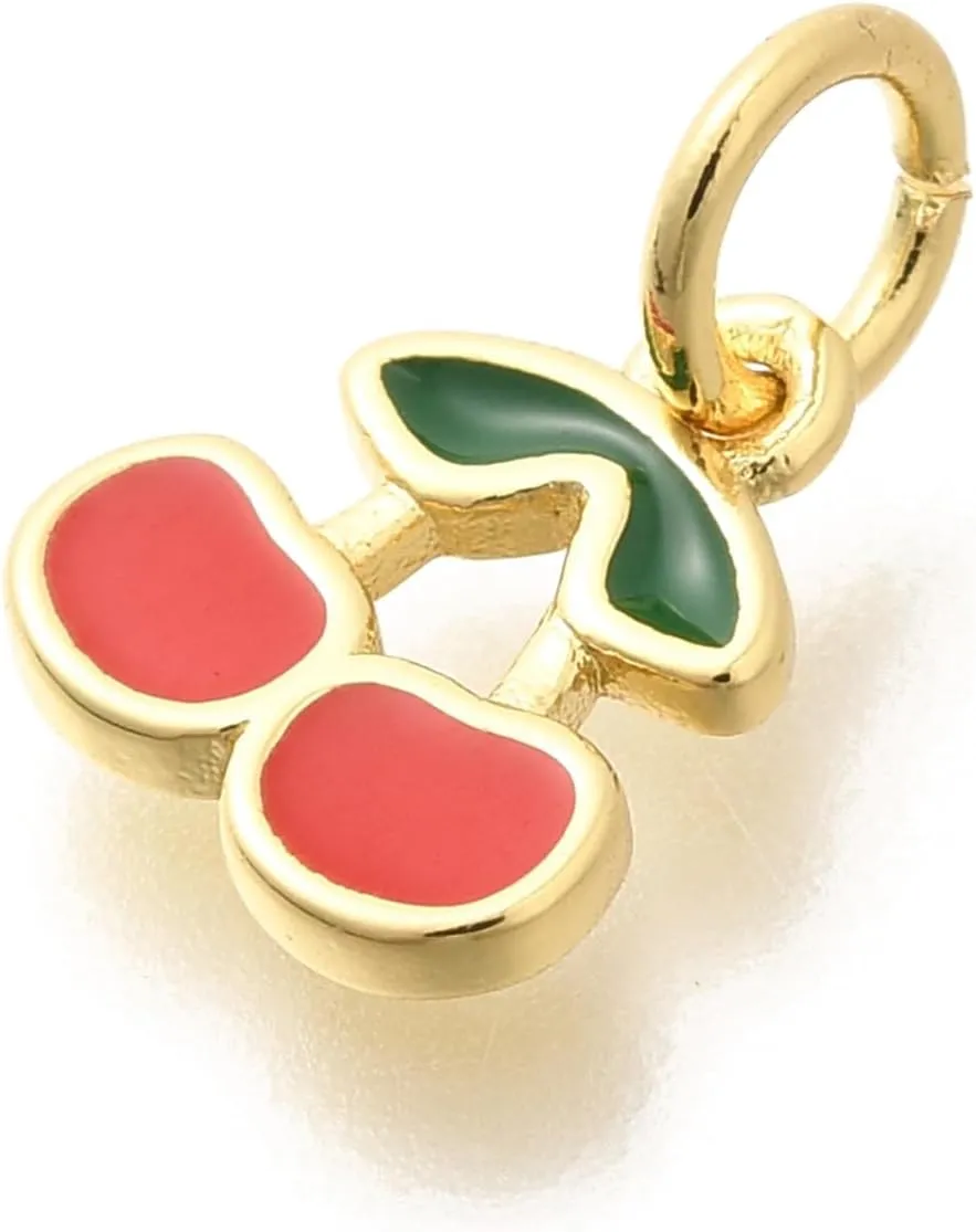 LiQunSweet 10 pcs Mini Cherry with Leaf Charms Cute Fruit Brass Enamel Charms for DIY Jewelry Bracelet Necklace Earring Crafts Bag Keychain Decor