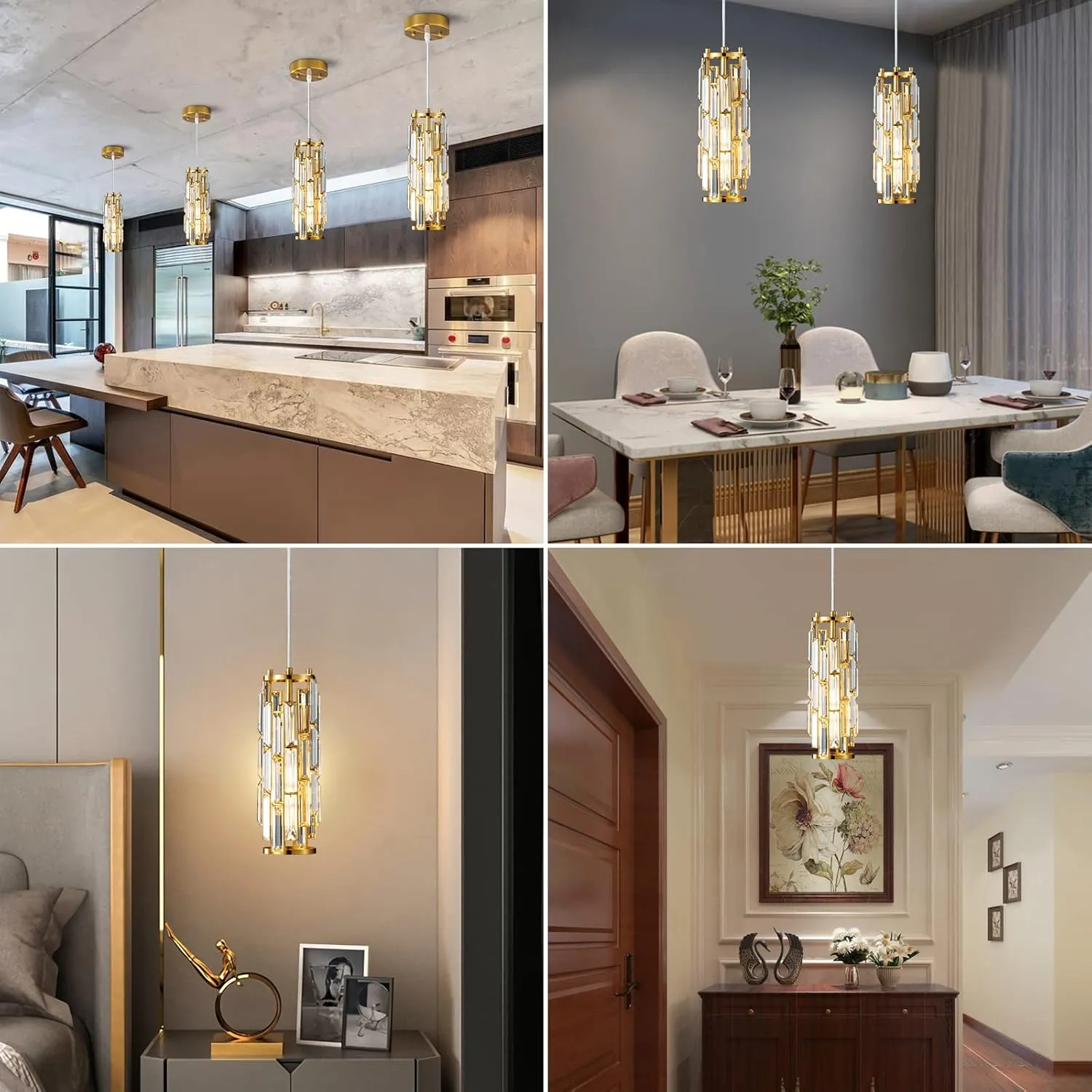 LMQNINE Pendant Lights Modern Gold Pendant Light Mini Crystal Chandelier Pendant Lighting for Kitchen Island Dinning Room Bedroom Kitchen Sink Lighting (Gold 3-Pack)