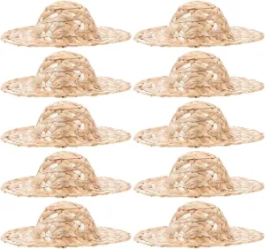 LOGOFUN 10 pcs Mini Straw Hats Handcraft Doll Straw Hat Tiny Sombrero Hats for DIY Craft Dollhouse Doll Costume Accessories - 6Inch