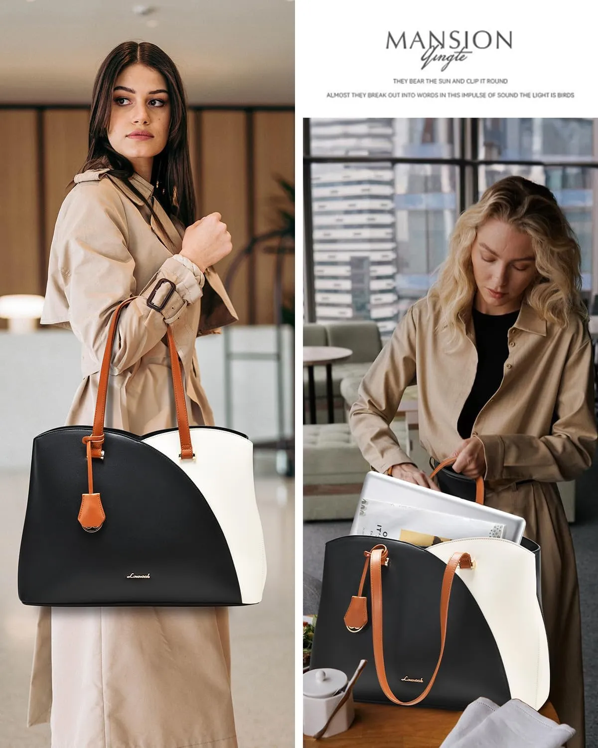 LOVEVOOK 17 Inch Laptop Tote Bag for Women, Work Bags Laptop Bag Teacher Tote Bag, Leather Computer Bag Large Purses Handbag Professional Briefcase, Black-Beige-Brown