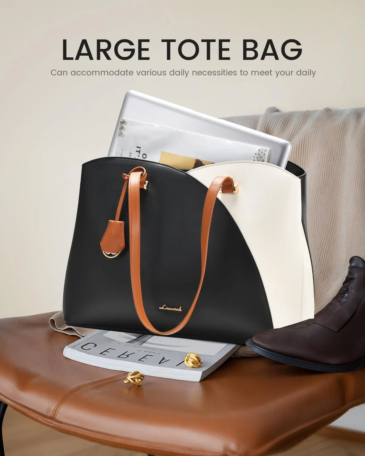 LOVEVOOK 17 Inch Laptop Tote Bag for Women, Work Bags Laptop Bag Teacher Tote Bag, Leather Computer Bag Large Purses Handbag Professional Briefcase, Black-Beige-Brown