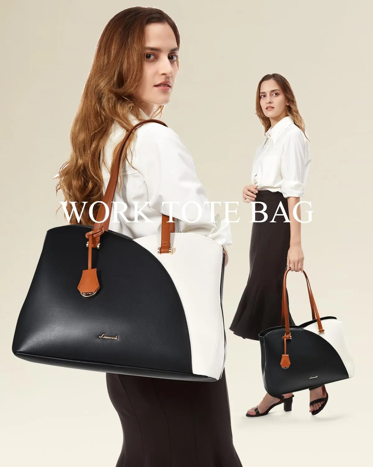 LOVEVOOK 17 Inch Laptop Tote Bag for Women, Work Bags Laptop Bag Teacher Tote Bag, Leather Computer Bag Large Purses Handbag Professional Briefcase, Black-Beige-Brown
