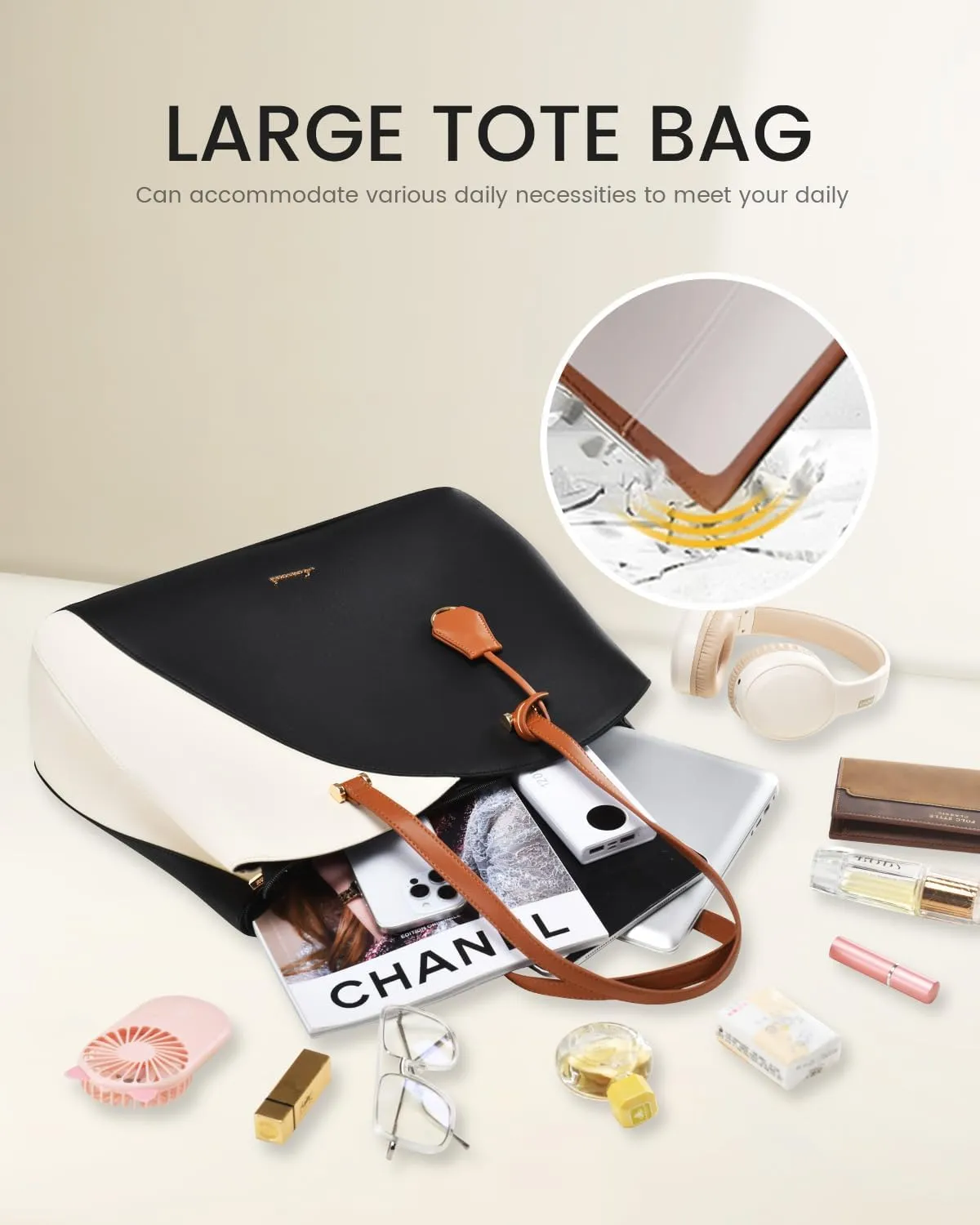 LOVEVOOK 17 Inch Laptop Tote Bag for Women, Work Bags Laptop Bag Teacher Tote Bag, Leather Computer Bag Large Purses Handbag Professional Briefcase, Black-Beige-Brown