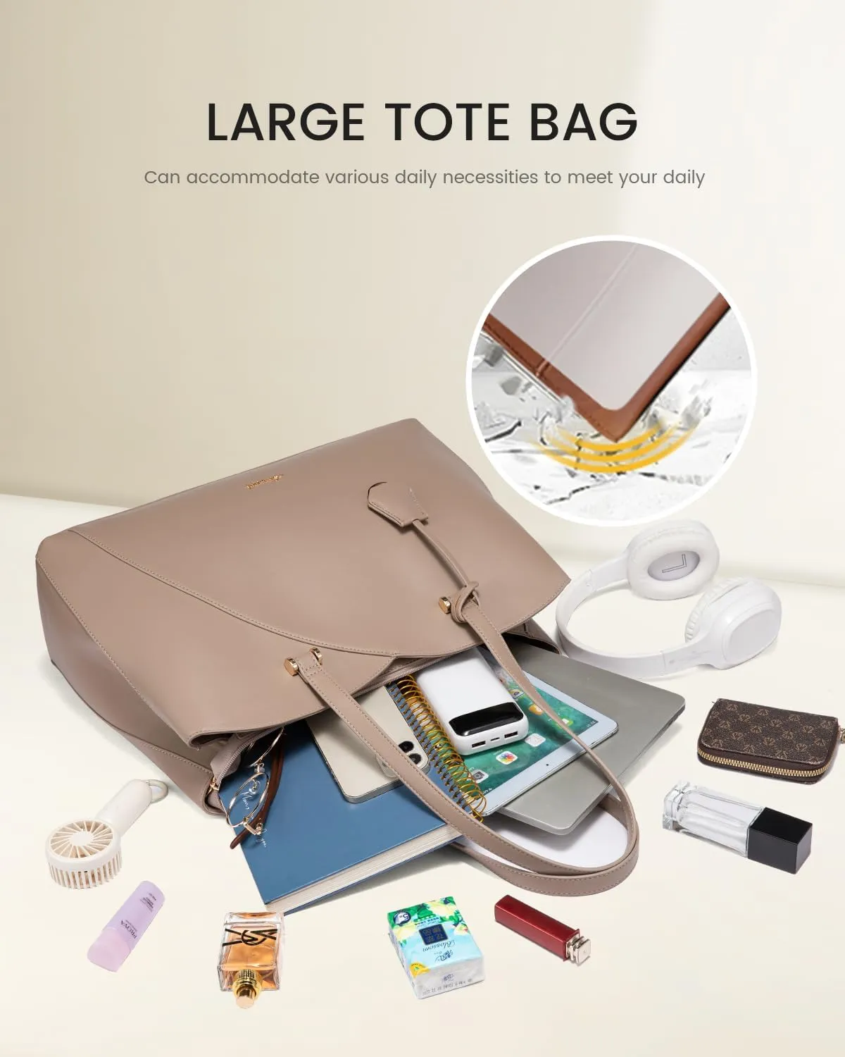 LOVEVOOK 17 Inch Laptop Tote Bag for Women, Work Bags Laptop Bag Teacher Tote Bag, Leather Computer Bag Large Purses Handbag Professional Briefcase, Taupe