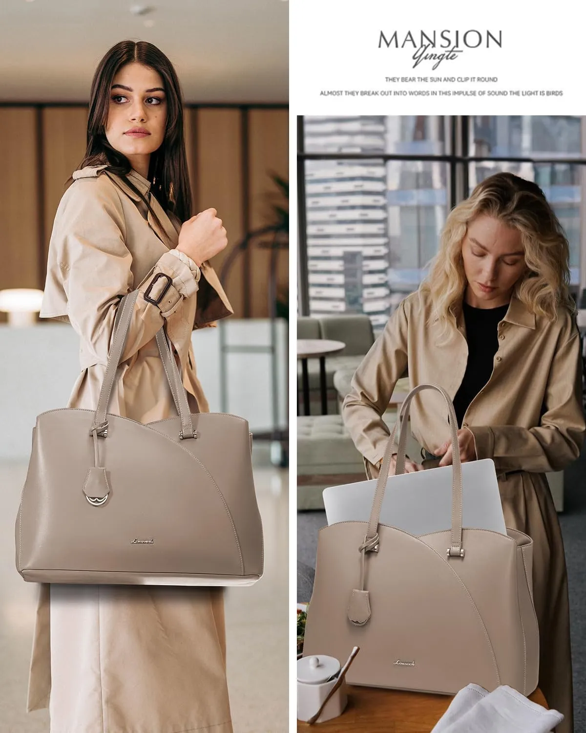 LOVEVOOK 17 Inch Laptop Tote Bag for Women, Work Bags Laptop Bag Teacher Tote Bag, Leather Computer Bag Large Purses Handbag Professional Briefcase, Taupe