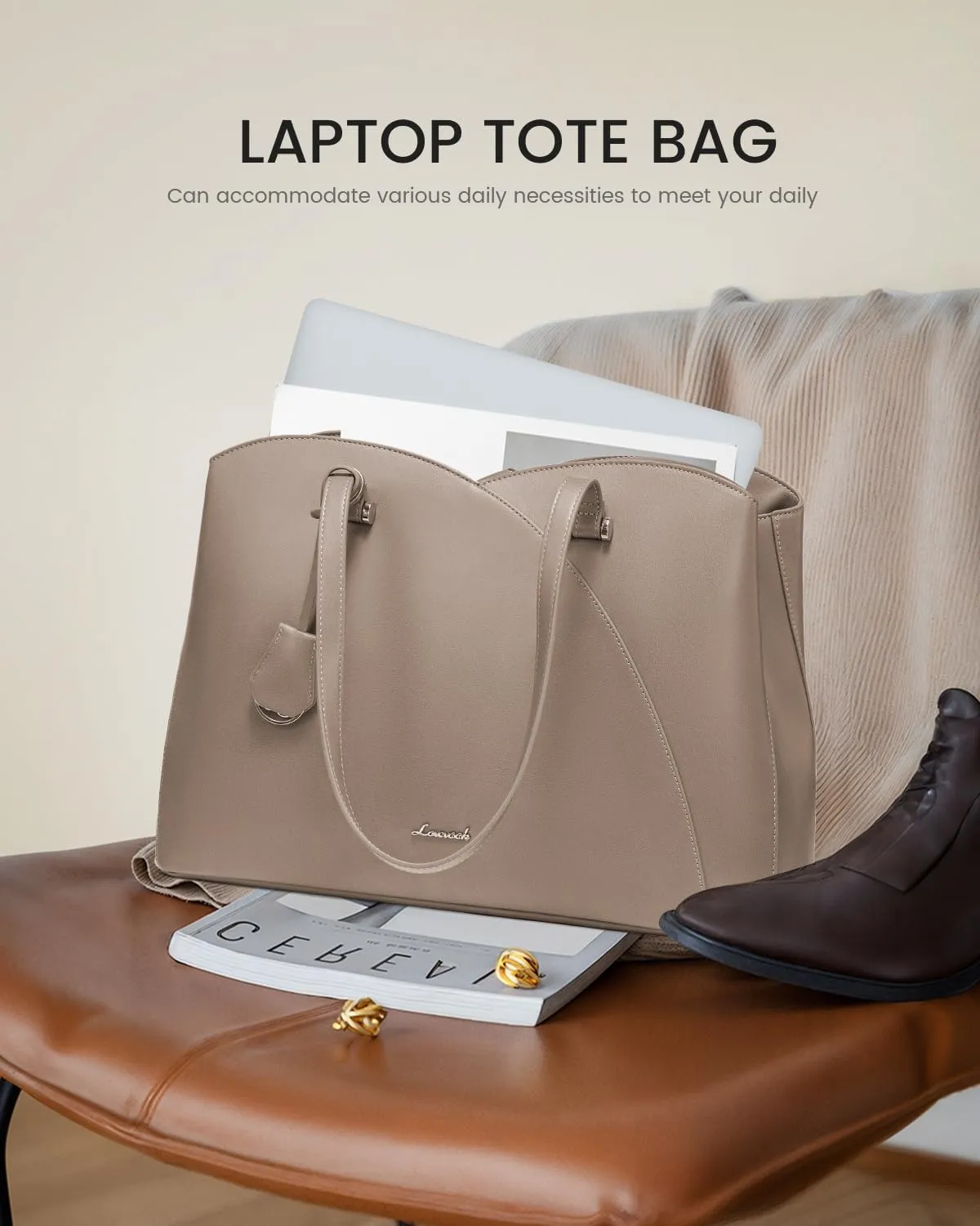 LOVEVOOK 17 Inch Laptop Tote Bag for Women, Work Bags Laptop Bag Teacher Tote Bag, Leather Computer Bag Large Purses Handbag Professional Briefcase, Taupe