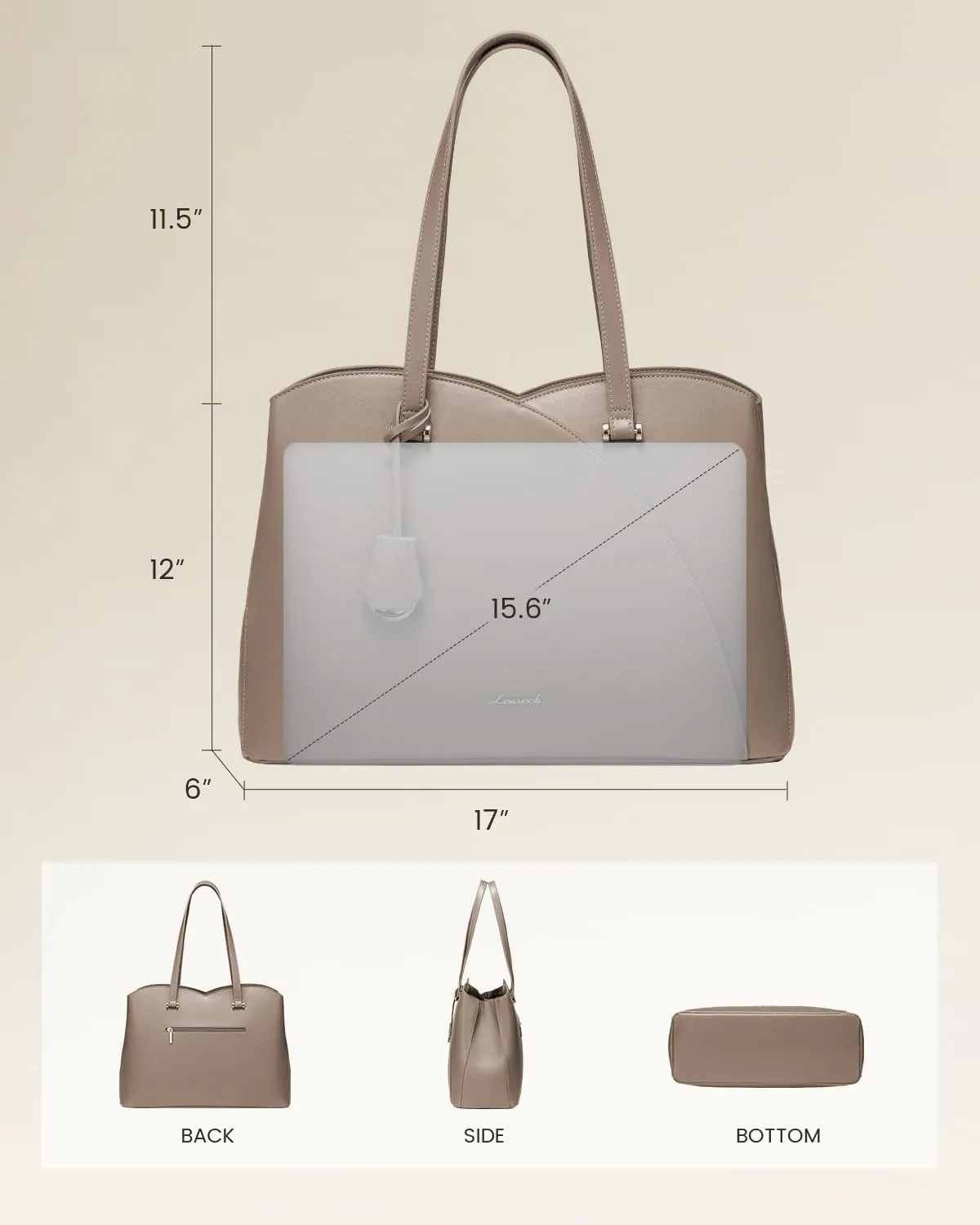 LOVEVOOK 17 Inch Laptop Tote Bag for Women, Work Bags Laptop Bag Teacher Tote Bag, Leather Computer Bag Large Purses Handbag Professional Briefcase, Taupe