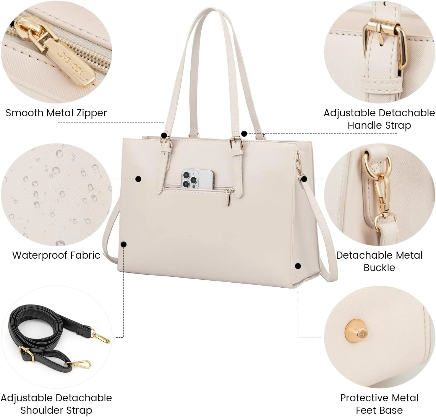 LOVEVOOK 17.3-inch Laptop Bag for Women, Large Capacity Travel Tote Bag with Clutch Purse 2PCs Set, Professional Business Computer Work Bag, Leather Shoulder Briefcase for Office Lady, Beige