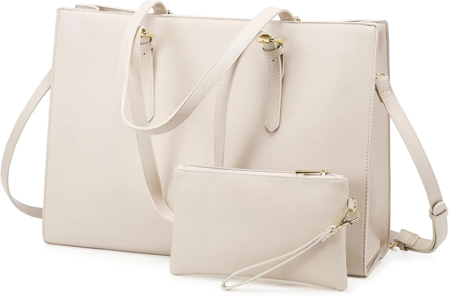 LOVEVOOK 17.3-inch Laptop Bag for Women, Large Capacity Travel Tote Bag with Clutch Purse 2PCs Set, Professional Business Computer Work Bag, Leather Shoulder Briefcase for Office Lady, Beige