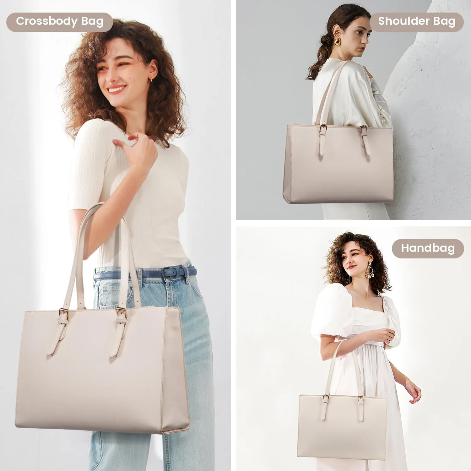 LOVEVOOK 17.3-inch Laptop Bag for Women, Large Capacity Travel Tote Bag with Clutch Purse 2PCs Set, Professional Business Computer Work Bag, Leather Shoulder Briefcase for Office Lady, Beige