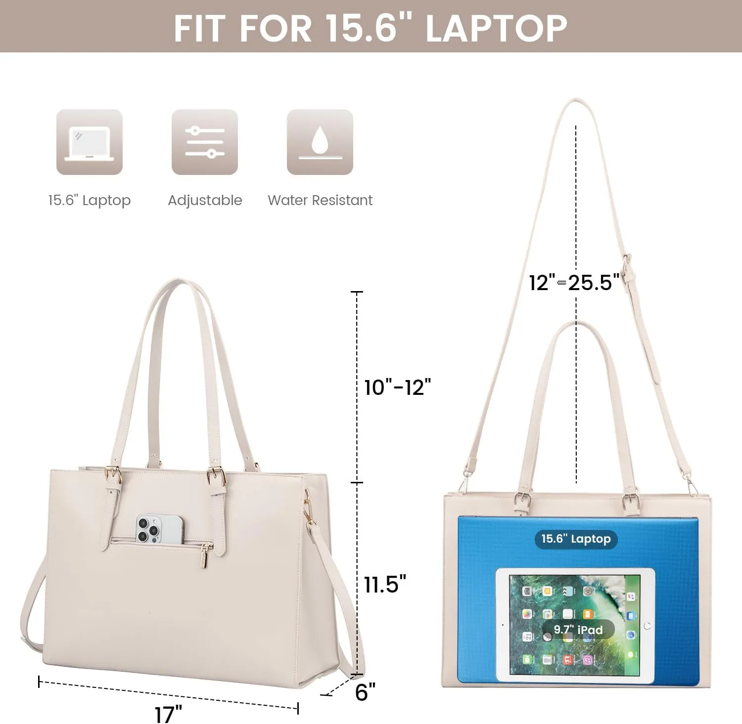 LOVEVOOK 17.3-inch Laptop Bag for Women, Large Capacity Travel Tote Bag with Clutch Purse 2PCs Set, Professional Business Computer Work Bag, Leather Shoulder Briefcase for Office Lady, Beige