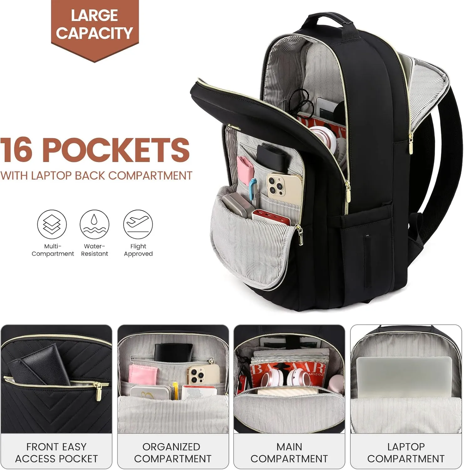 LOVEVOOK Laptop Backpack for Women 15.6 inch,Cute Womens Travel Backpack Purse,Professional Laptop Computer Bag,Waterproof Work Business College Teacher Bags Carry on Backpack with USB Port,Black