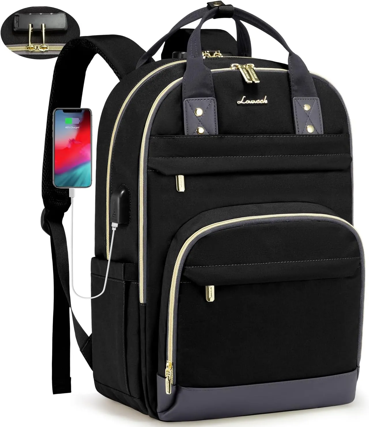 LOVEVOOK Laptop Backpack for Women, Unisex Travel Anti-theft Bag, Business Work Computer Backpacks Purse for Men, Casual Hiking Daypack with Lock, 15.6 Inch, Black-Grey