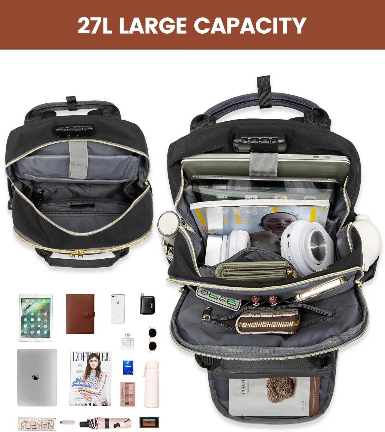 LOVEVOOK Laptop Backpack for Women, Unisex Travel Anti-theft Bag, Business Work Computer Backpacks Purse for Men, Casual Hiking Daypack with Lock, 15.6 Inch, Black-Grey