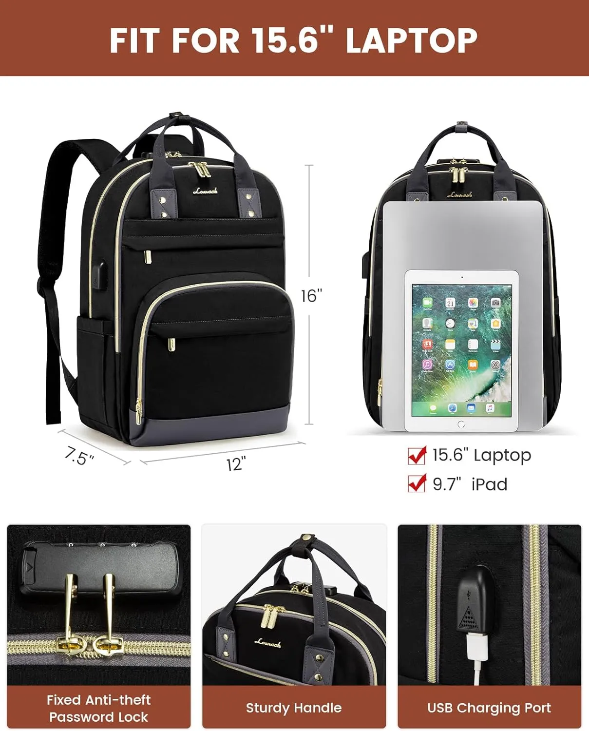 LOVEVOOK Laptop Backpack for Women, Unisex Travel Anti-theft Bag, Business Work Computer Backpacks Purse for Men, Casual Hiking Daypack with Lock, 15.6 Inch, Black-Grey