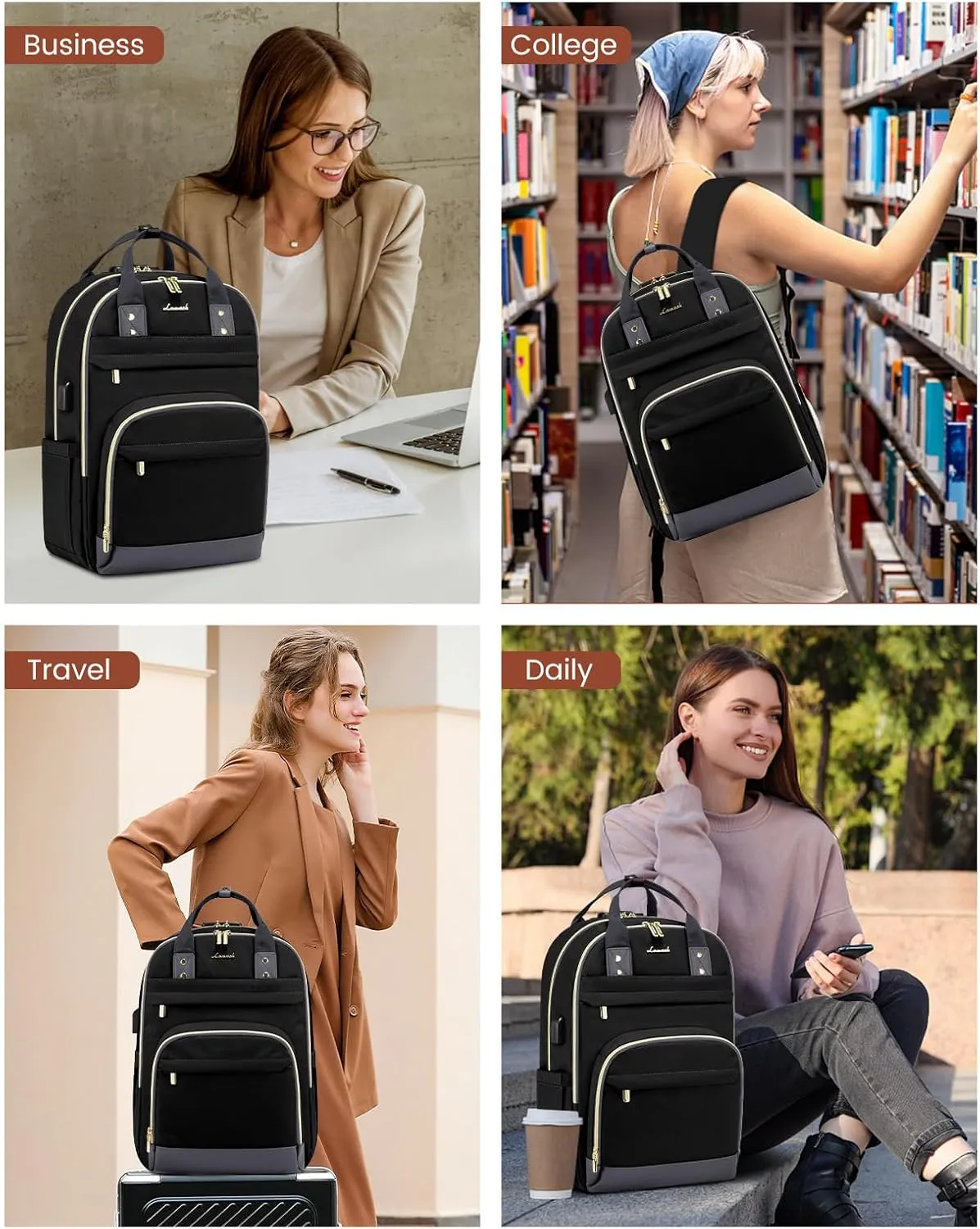 LOVEVOOK Laptop Backpack for Women, Unisex Travel Anti-theft Bag, Business Work Computer Backpacks Purse for Men, Casual Hiking Daypack with Lock, 15.6 Inch, Black-Grey