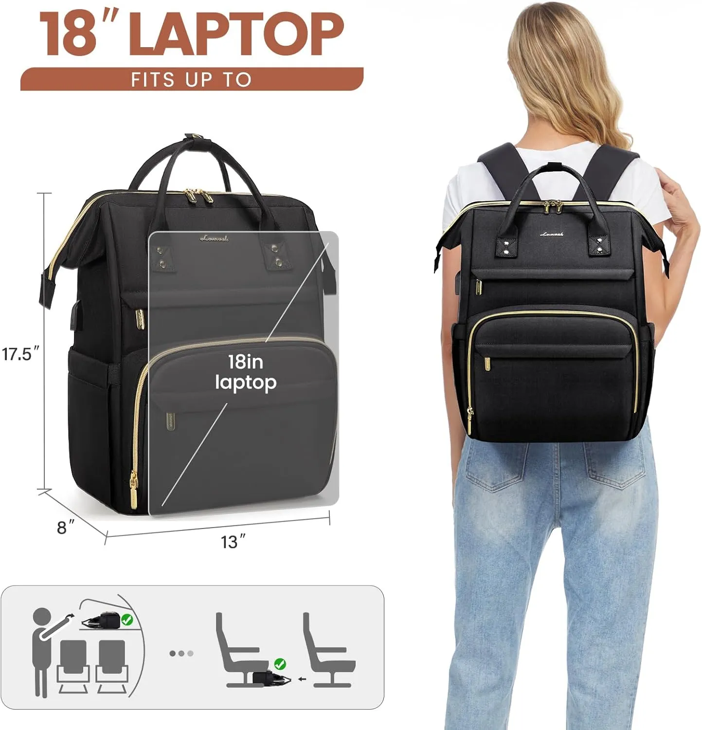 LOVEVOOK Laptop Backpack for Women,18 Inch Professional Womens Travel Backpack Purse Computer Laptop Bag Nurse Teacher Backpack,Waterproof College Work Bags Carry on Back Pack with USB Port,Black