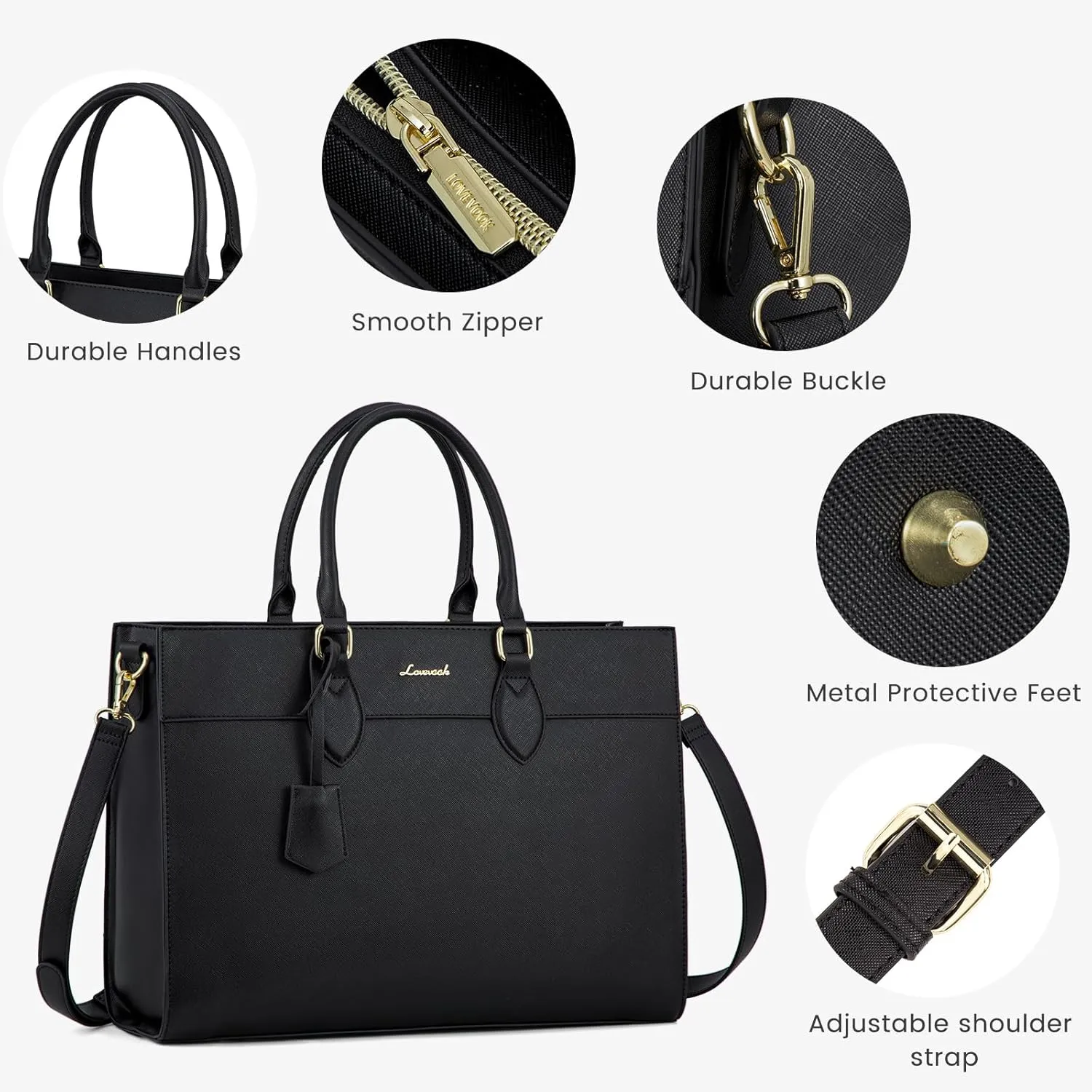 LOVEVOOK Laptop Bag for Women, 15.6 inch Laptop Tote Computer Briefcase for Work Large Waterproof Handbag Professional Shoulder Bag for Women Business Office, Black