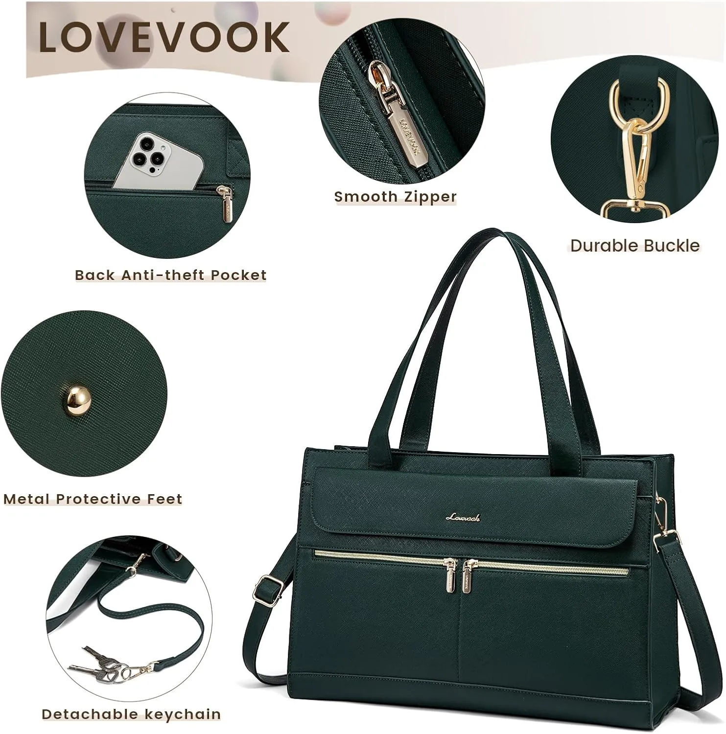LOVEVOOK Laptop Bag for Women 15.6 Inch Tote Work Professional Leather Computer Briefcase Waterproof Handbag Shoulder Large Capacity Business Teacher Office Crossbody Purse, 131# Dark Green