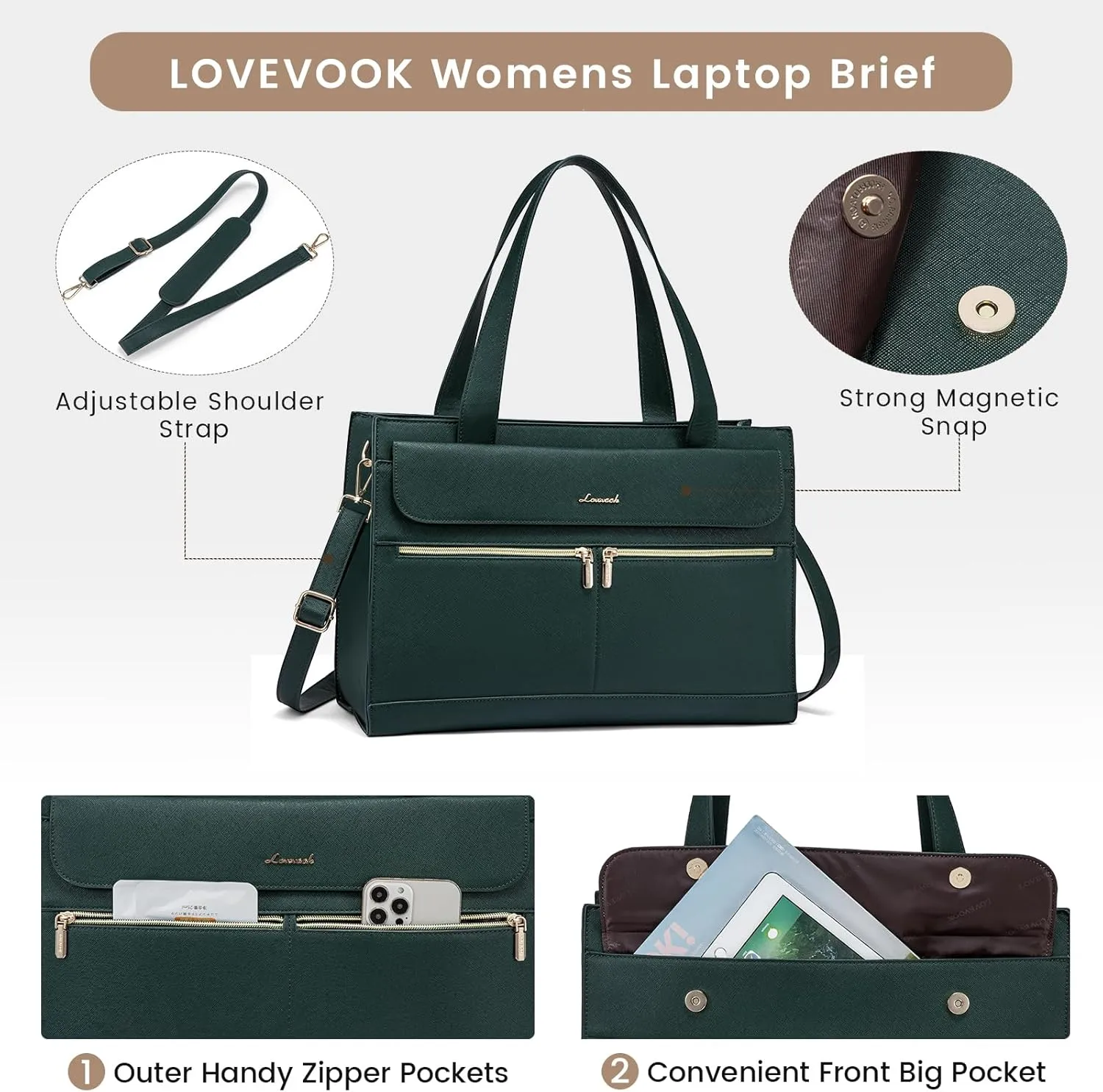 LOVEVOOK Laptop Bag for Women 15.6 Inch Tote Work Professional Leather Computer Briefcase Waterproof Handbag Shoulder Large Capacity Business Teacher Office Crossbody Purse, 131# Dark Green