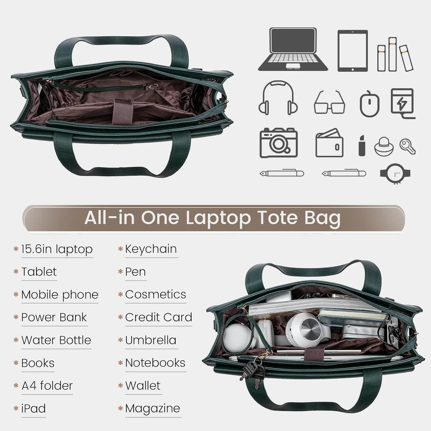 LOVEVOOK Laptop Bag for Women 15.6 Inch Tote Work Professional Leather Computer Briefcase Waterproof Handbag Shoulder Large Capacity Business Teacher Office Crossbody Purse, 131# Dark Green