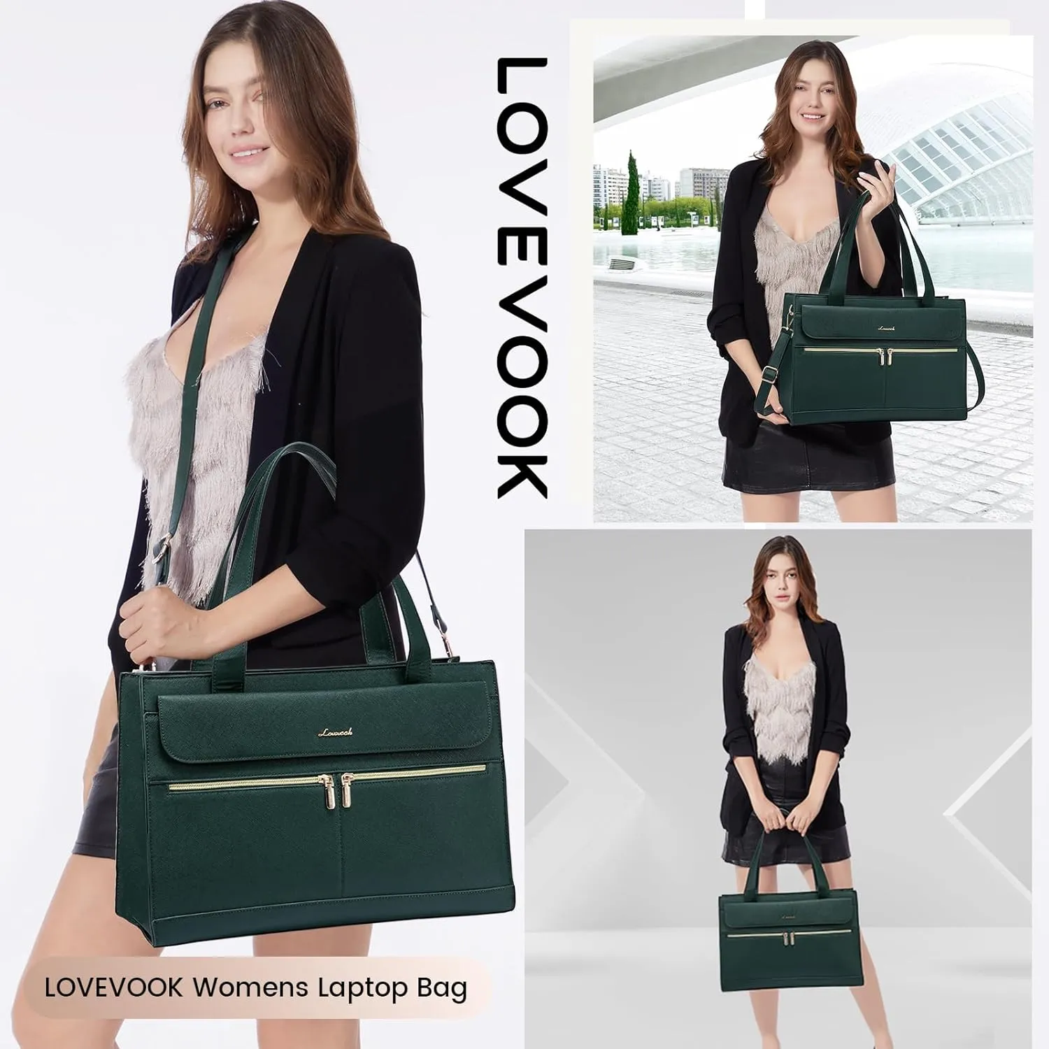 LOVEVOOK Laptop Bag for Women 15.6 Inch Tote Work Professional Leather Computer Briefcase Waterproof Handbag Shoulder Large Capacity Business Teacher Office Crossbody Purse, 131# Dark Green