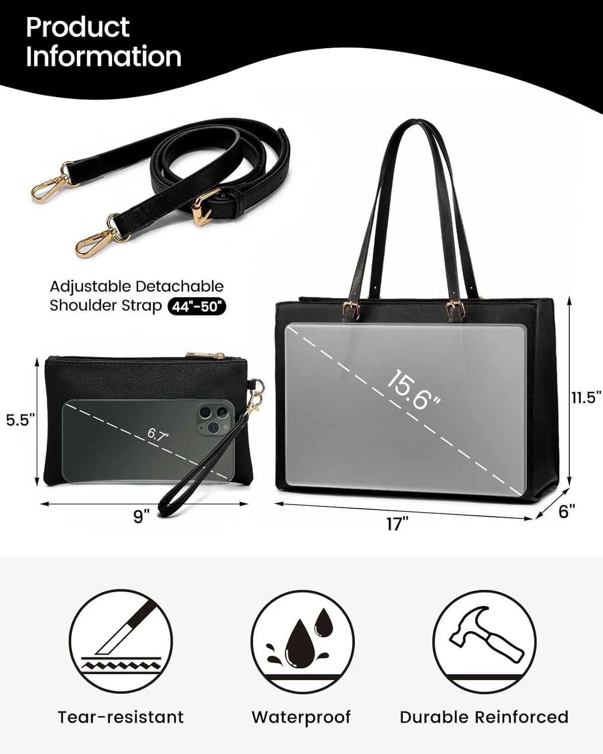 LOVEVOOK Laptop Bag for Women, Fashion Computer Tote Large Capacity, Leather Shoulder Bag Purse Set, Professional Business Work Briefcase for Office Lady 2PCs, Fit 15.6 Inch Laptop, Black
